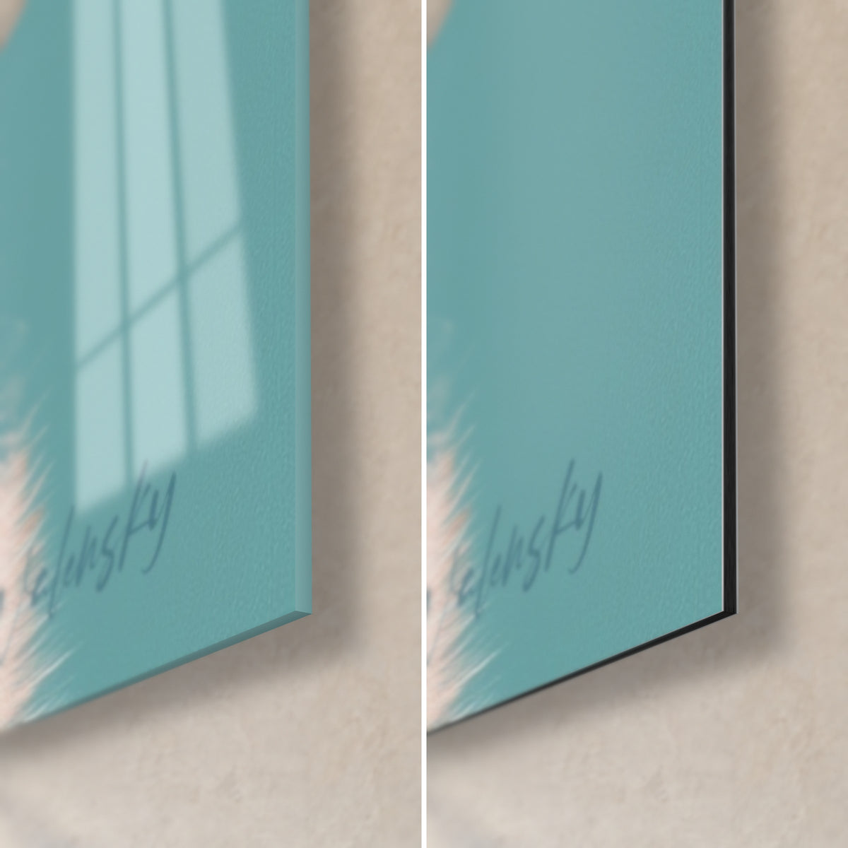 Wall art White whale, bottom right corner: glossy acrylic glass on the left, matte black Dibond on the right, 3 mm edge