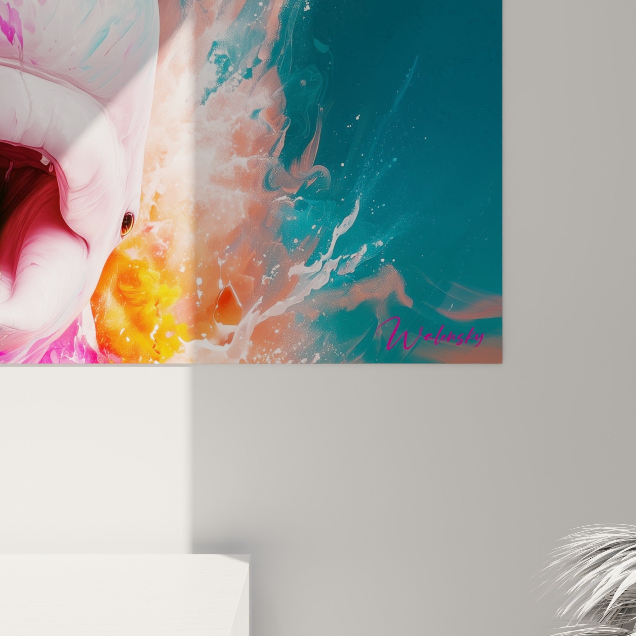 Empâtements de peinture fuchsia et turquoise, coulures et grain visibles sur la toile du beluga