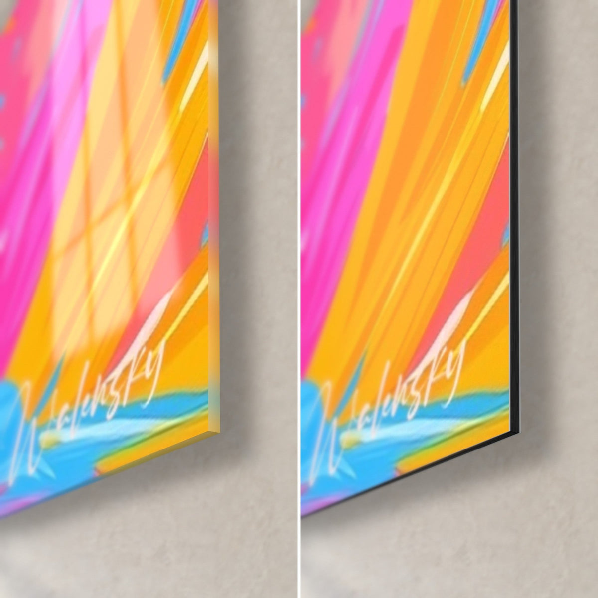 Quadro di un beluga rosa, angolo in basso a destra: vetro lucido con riflessi a sinistra, Dibond nero opaco a destra, firma bianca su schizzi arancio zafferano