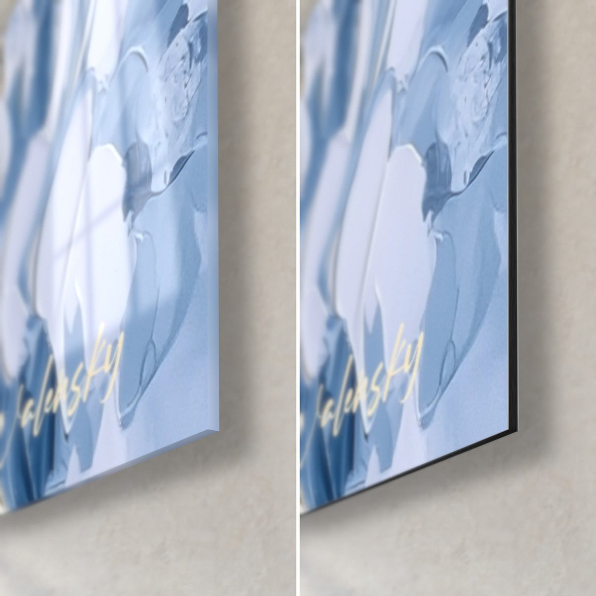 Tableau cétacé blanc et bleu ardoise, coin bas droit : verre acrylique brillant à gauche, Dibond mat noir à droite, tranche 3 mm