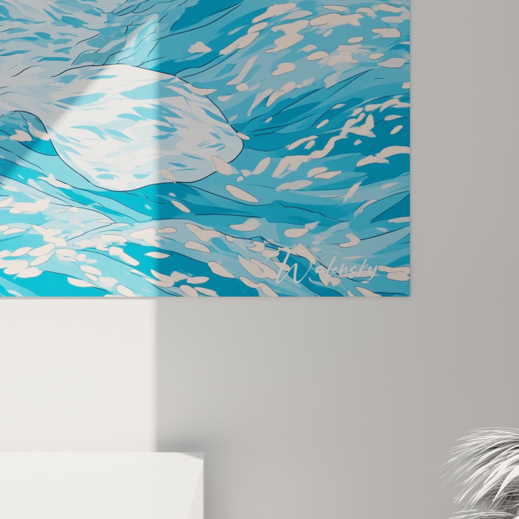 Grain et empâtements des vagues bleu profond et blanc cassé entourant le corps du beluga