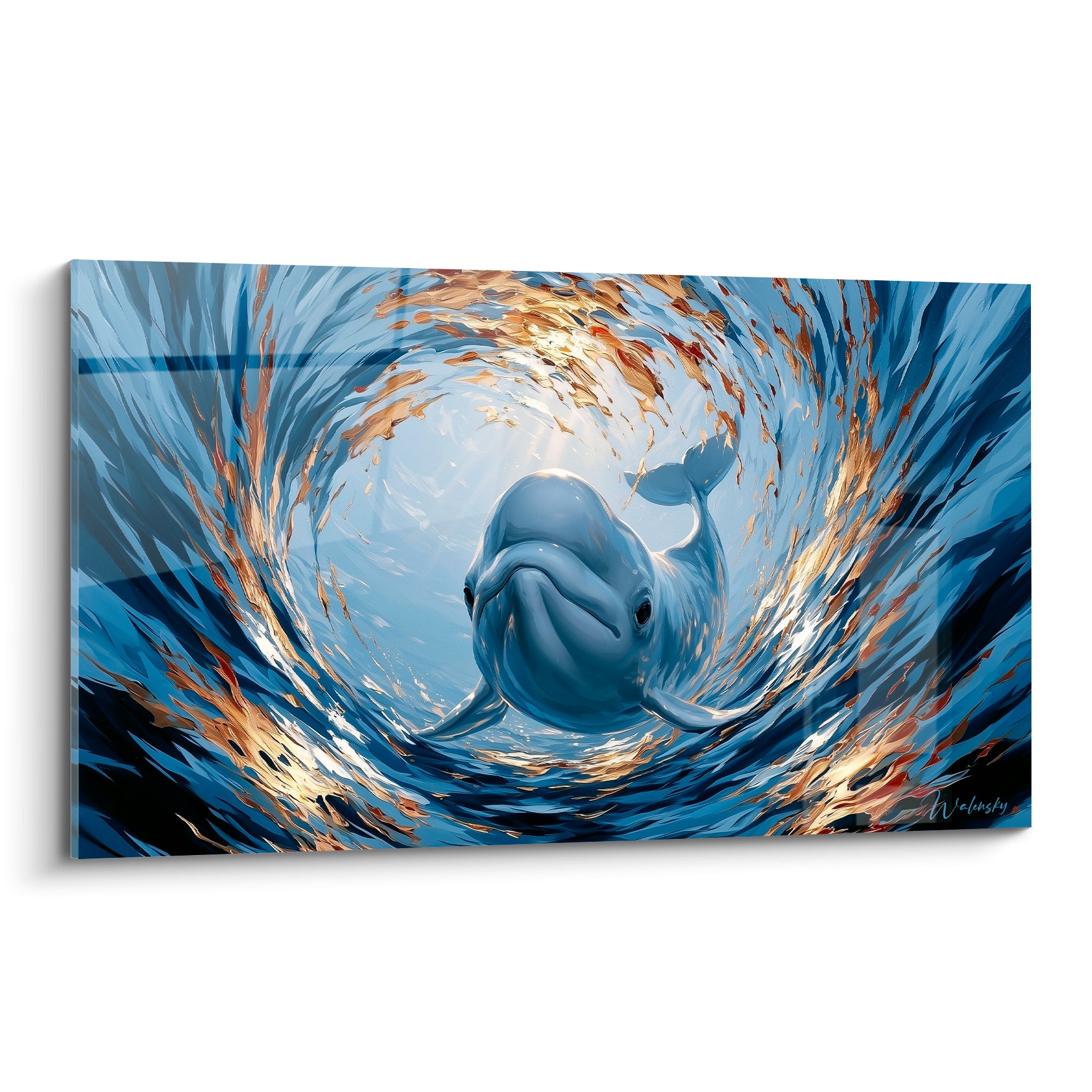 Beluga au regard doux, entouré d'un tourbillon bleu marine et doré aux reflets lumineux