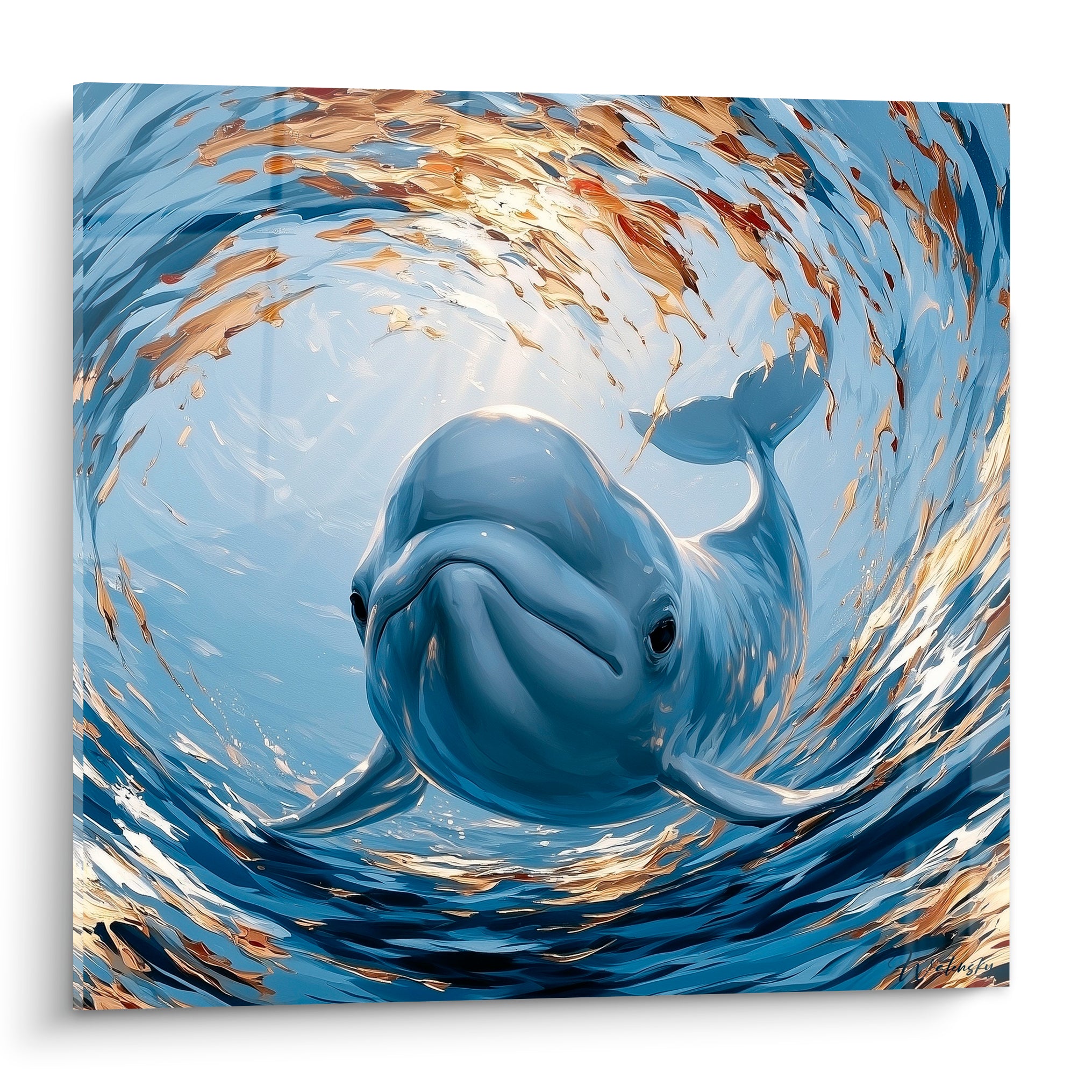 Beluga blanc au regard perçant entouré d'un tourbillon bleu marine et doré, style pictural expressif
