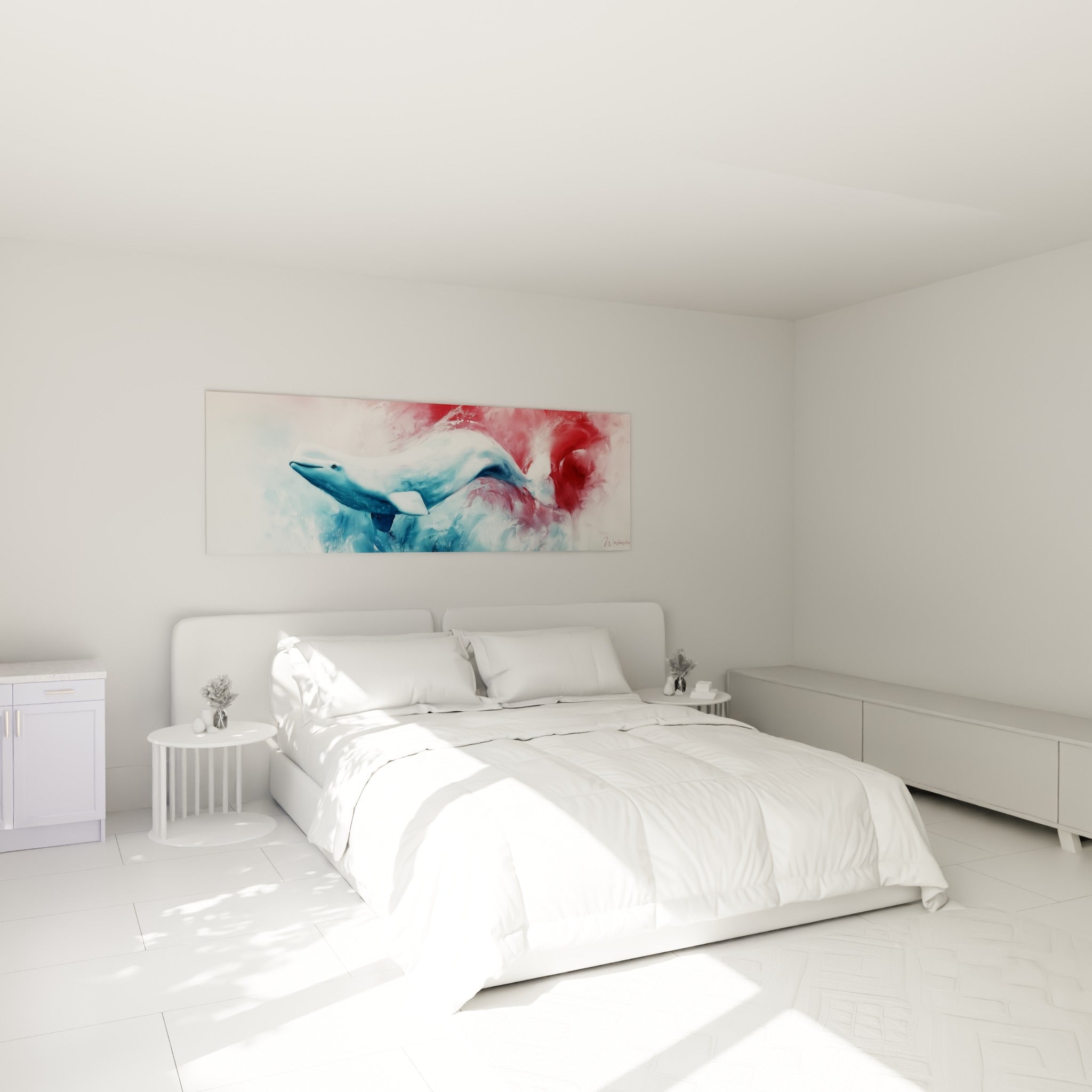 Créature marine bleu poudré et rouge profond peinte au-dessus d'un lit dans une chambre claire
