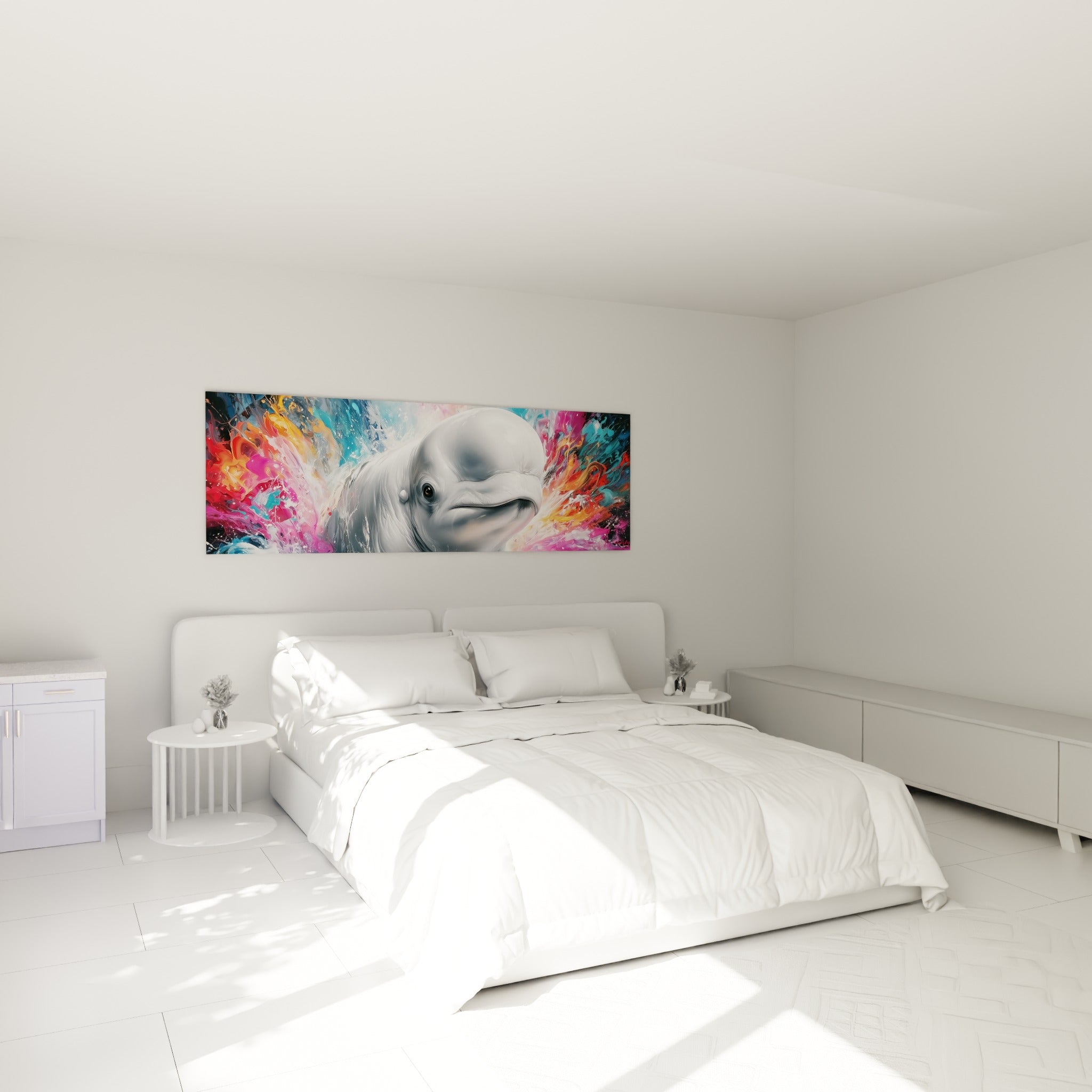 Cétacé blanc immergé dans des tourbillons corail et bleu marine, accroché au-dessus d'un lit dans une chambre claire