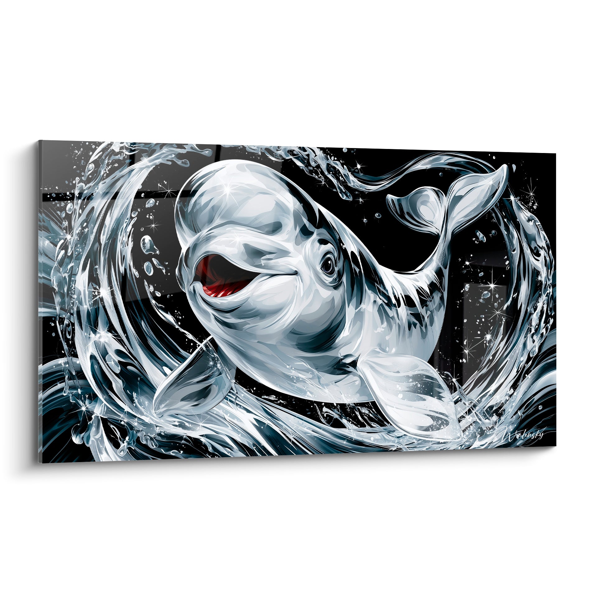 Beluga blanc jaillit d'un tourbillon d'eau noir et anthracite, gueule ouverte, éclat rouge vif