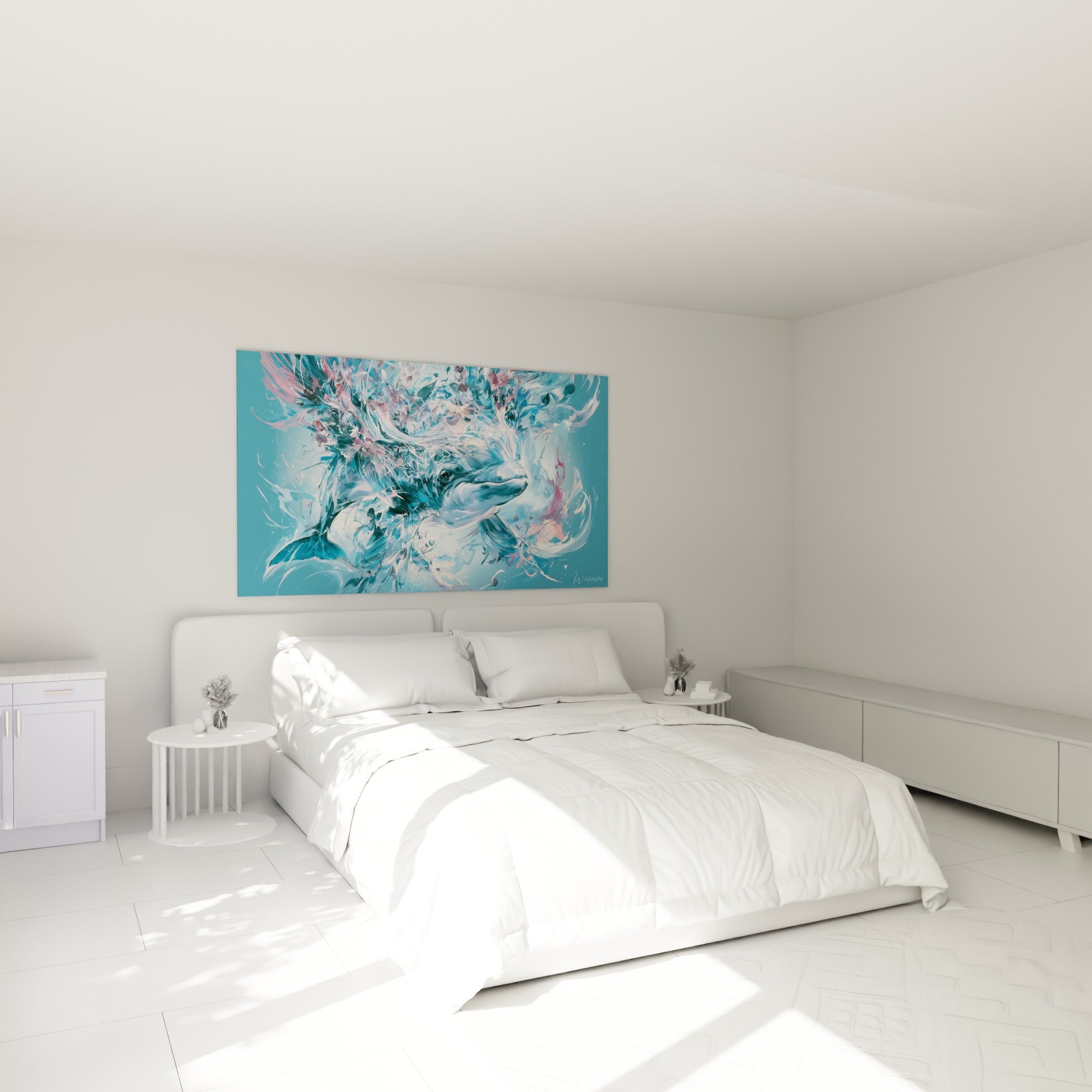 Créature marine bleue et rose éclaboussée de matière picturale, au-dessus d'un lit dans une chambre claire