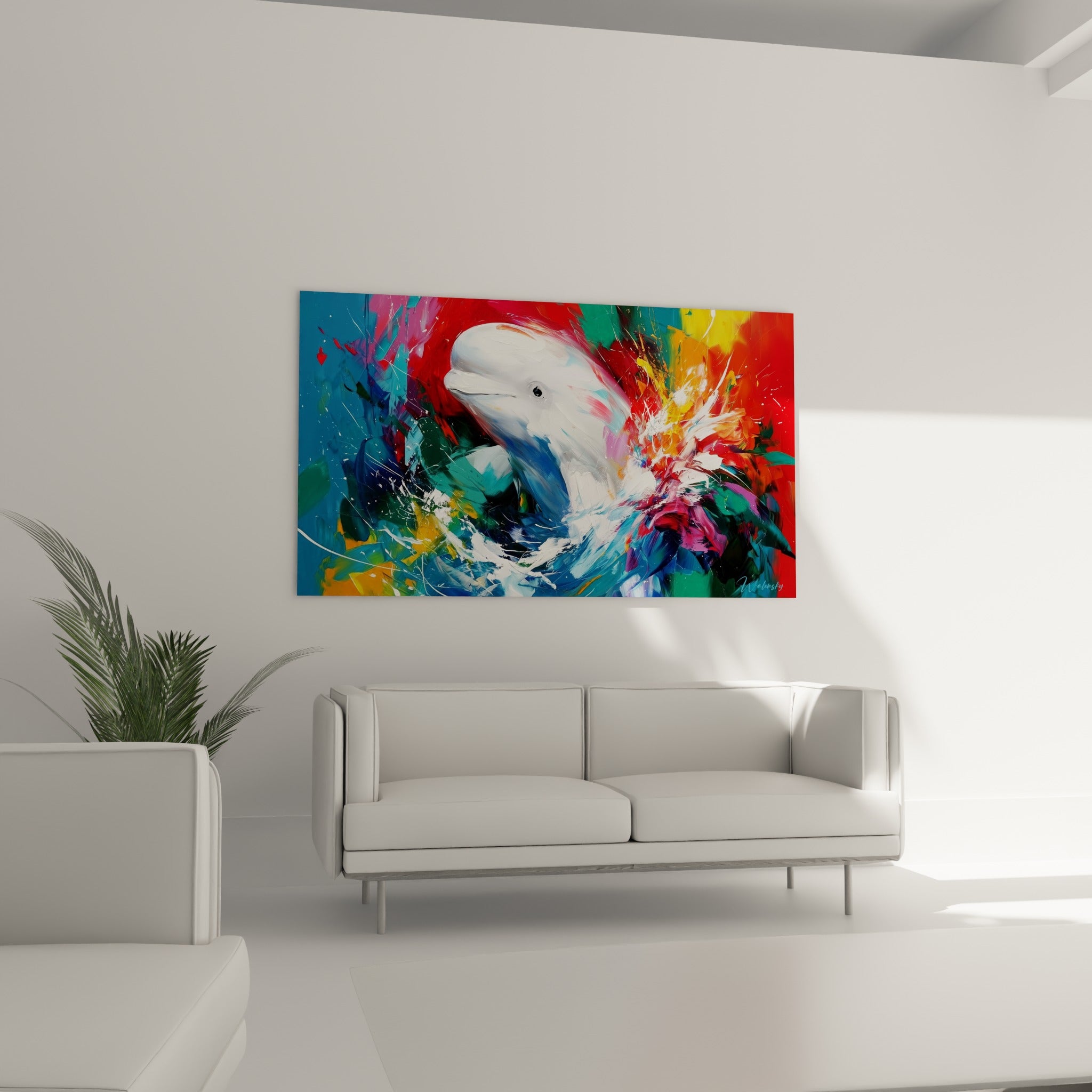 Créature marine blanche jaillissant de tourbillons turquoise et écarlates, au-dessus d'un canapé dans un salon lumineux