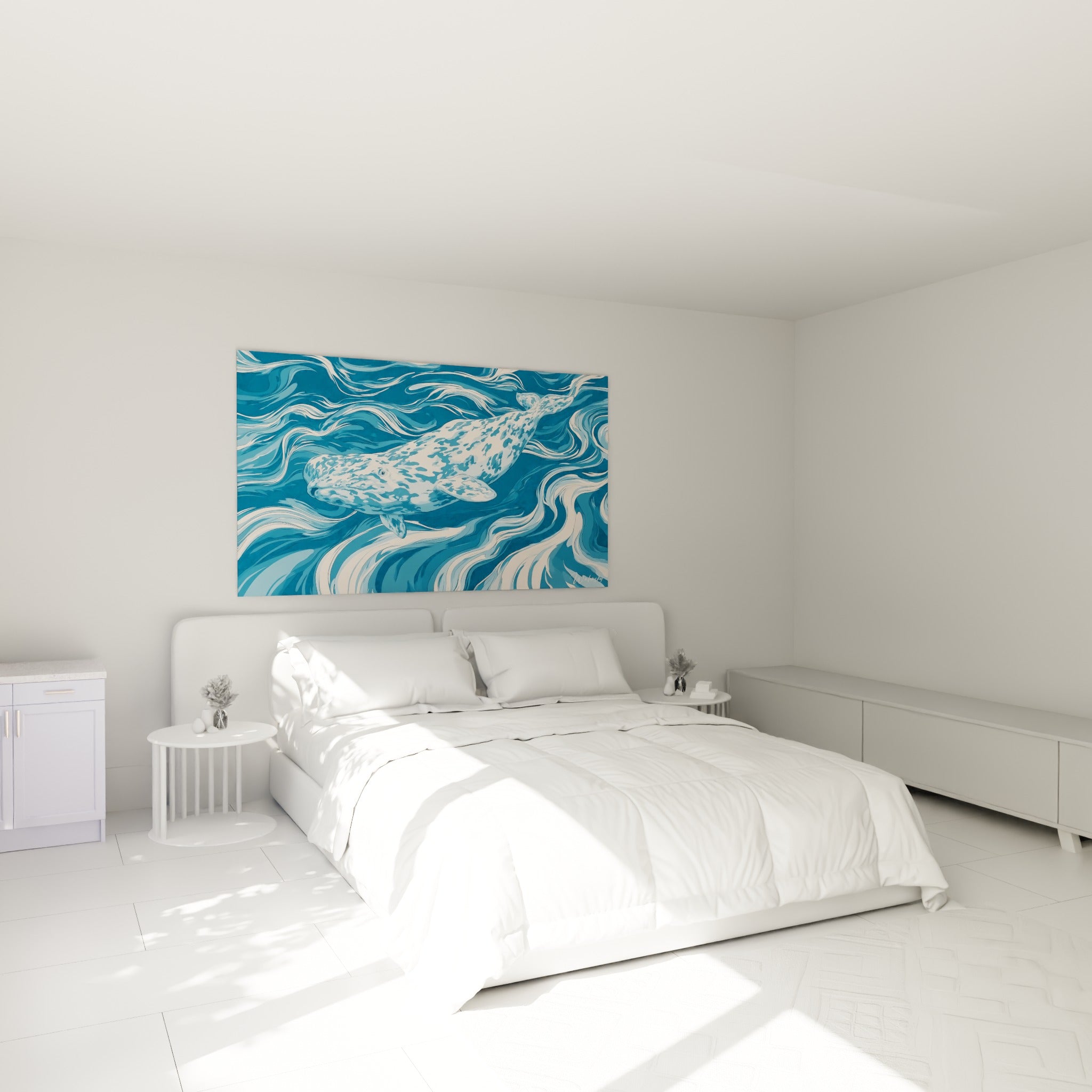 Créature marine tachetée bleu et blanc nageant, accrochée au-dessus d'un lit dans une chambre claire