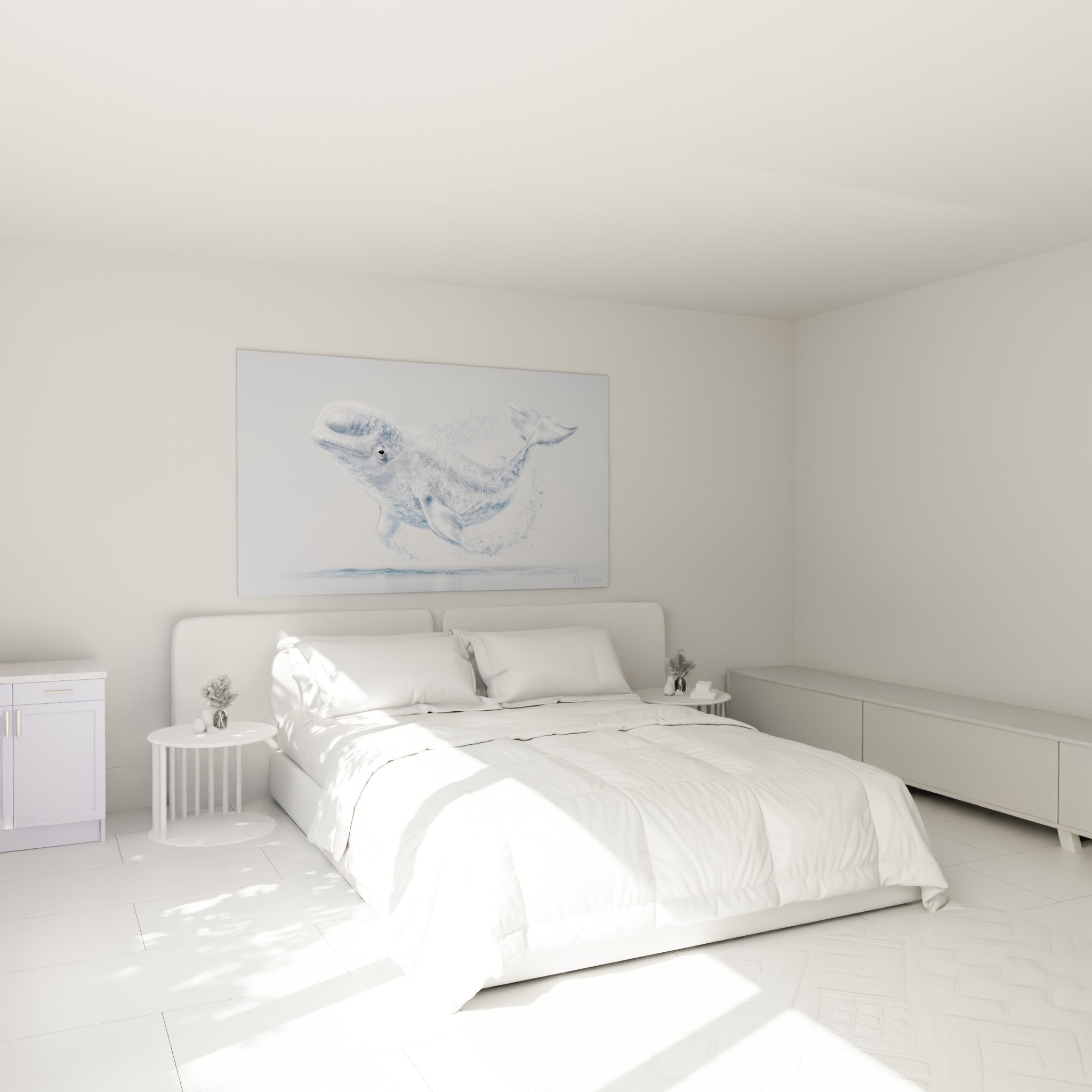 Silhouette de beluga blanc et bleu pastel sculptée en eau au-dessus d'un lit dans une chambre claire