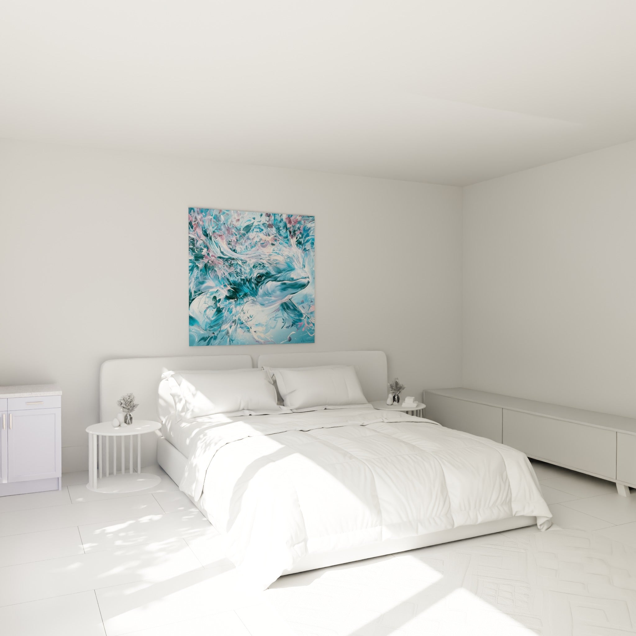 Museau de béluga blanc et turquoise accroché au-dessus d'un lit dans une chambre claire