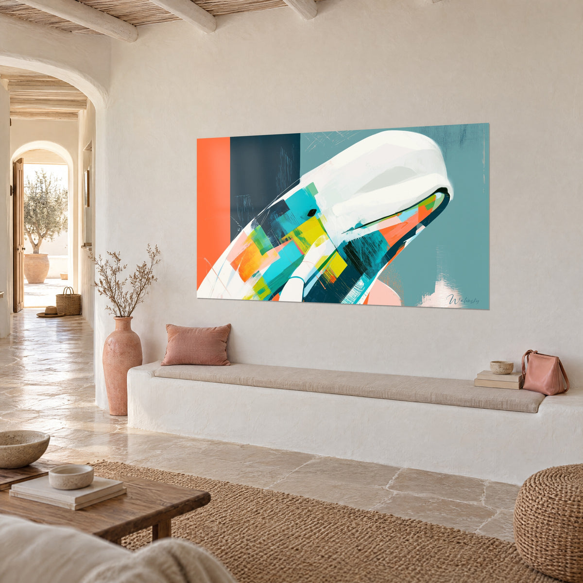 Wall art Ivory cetacean on a teal blue and vivid orange background, three-quarter view, white banquette, Mediterranean house