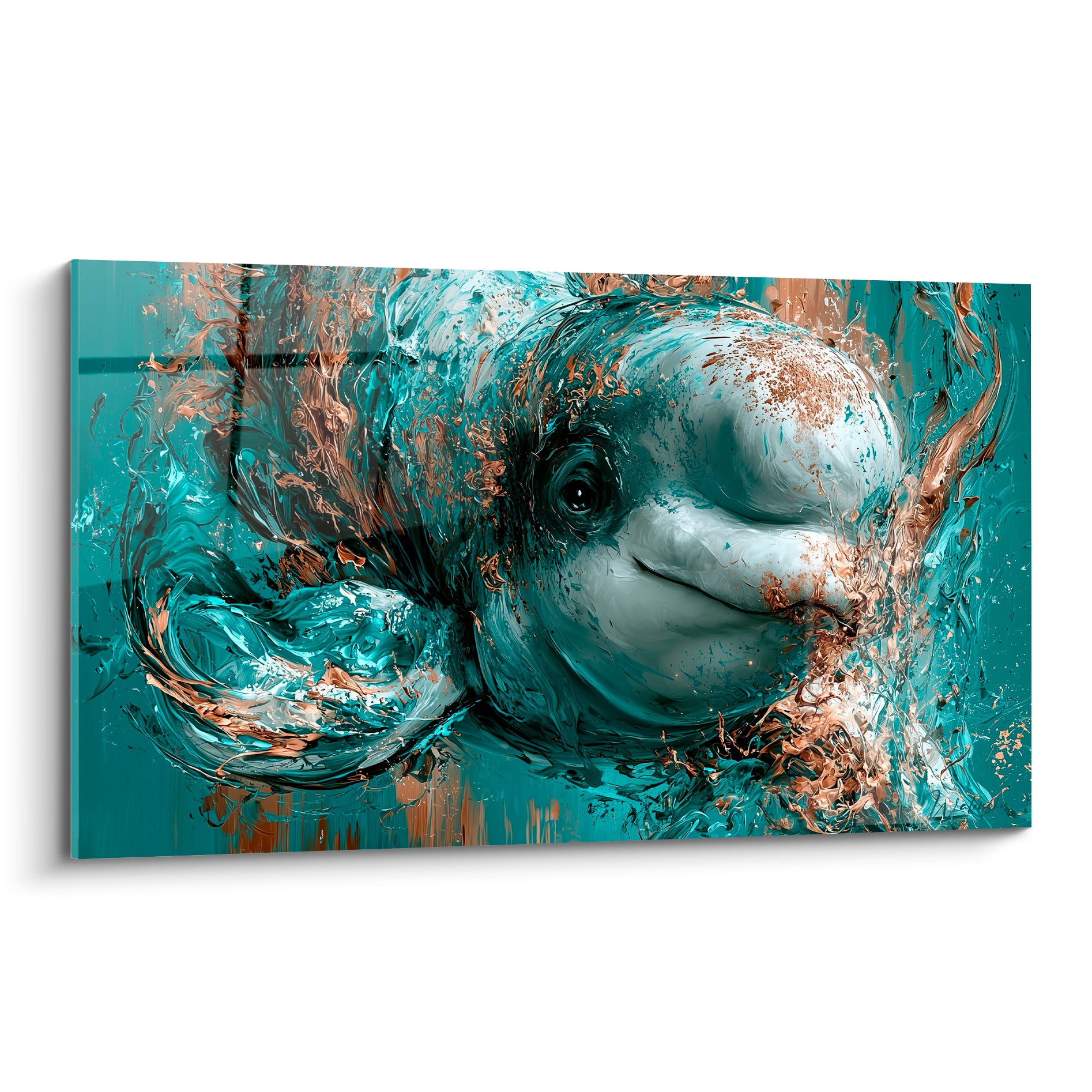 Beluga au visage blanc émergeant d'un tourbillon turquoise et cuivré, matière picturale dense