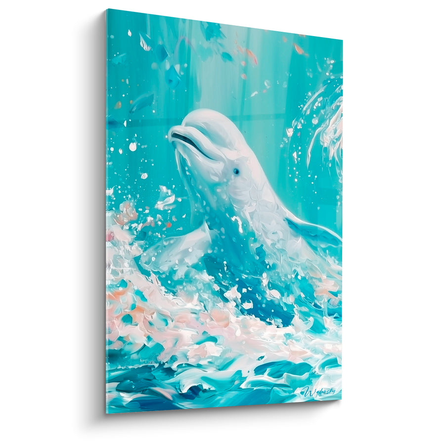 Tableau Beluga blanc et turquoise éclats pastel - Confettis suspendus - Edition Beluga