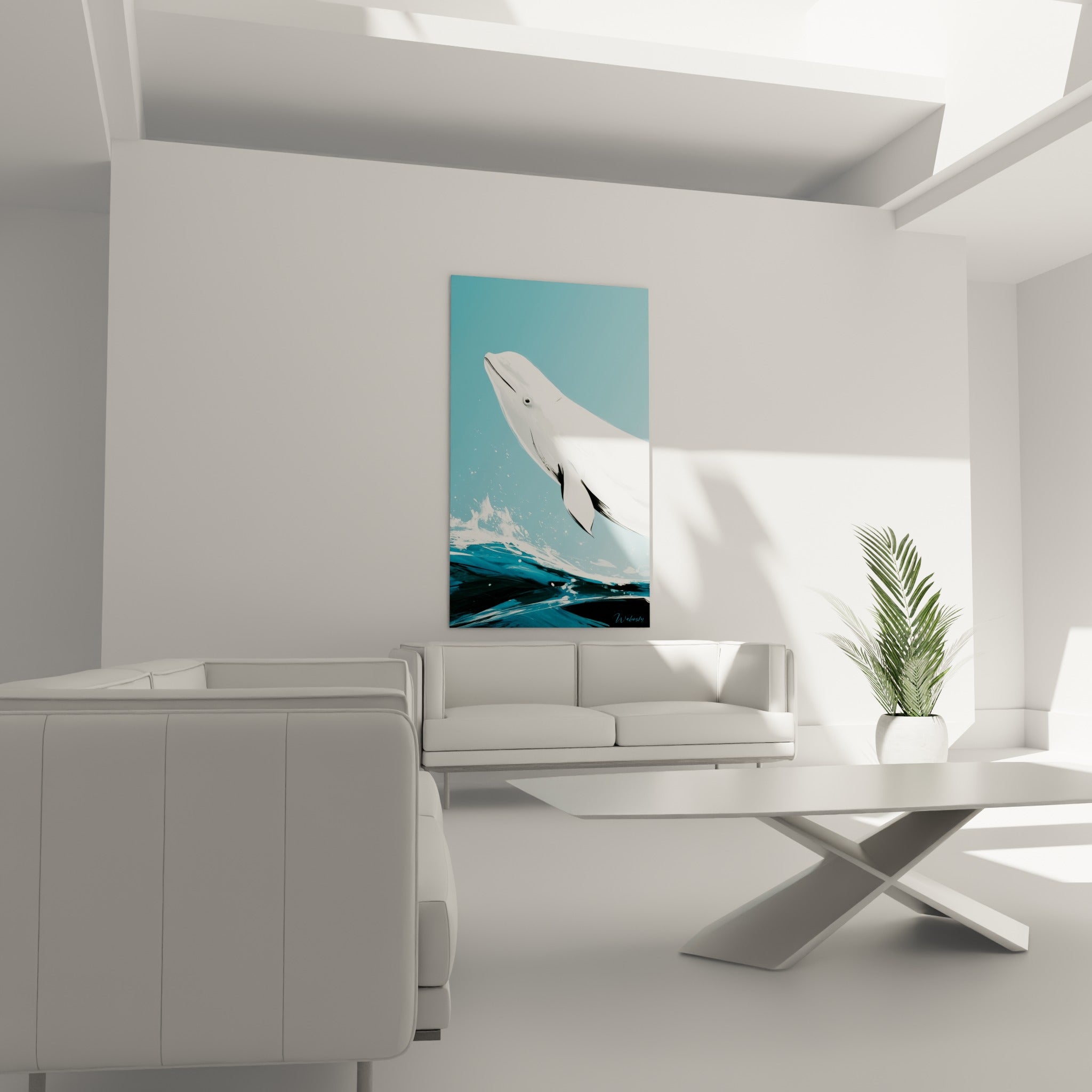 Beluga blanc surgissant des eaux turquoise au-dessus d'un canapé dans un salon lumineux