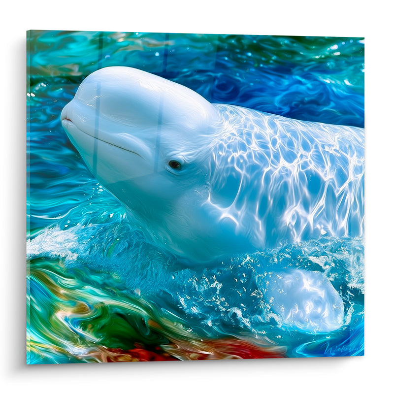 Tableau Beluga bleu turquoise émergeant des vagues - Émersion océanique - Edition Beluga