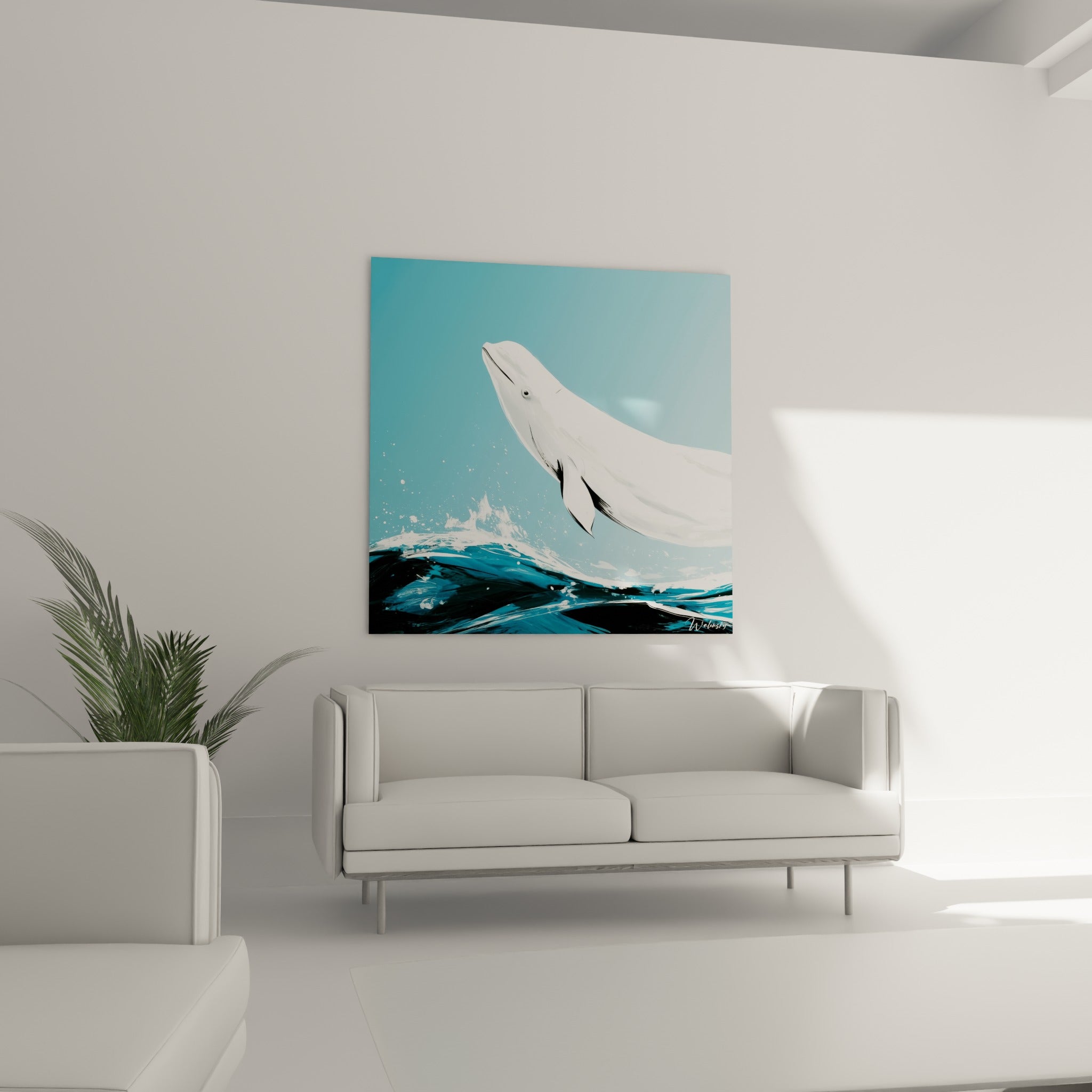 Cétacé blanc en plein saut sur fond turquoise et vague sombre, au-dessus d'un canapé dans un salon lumineux