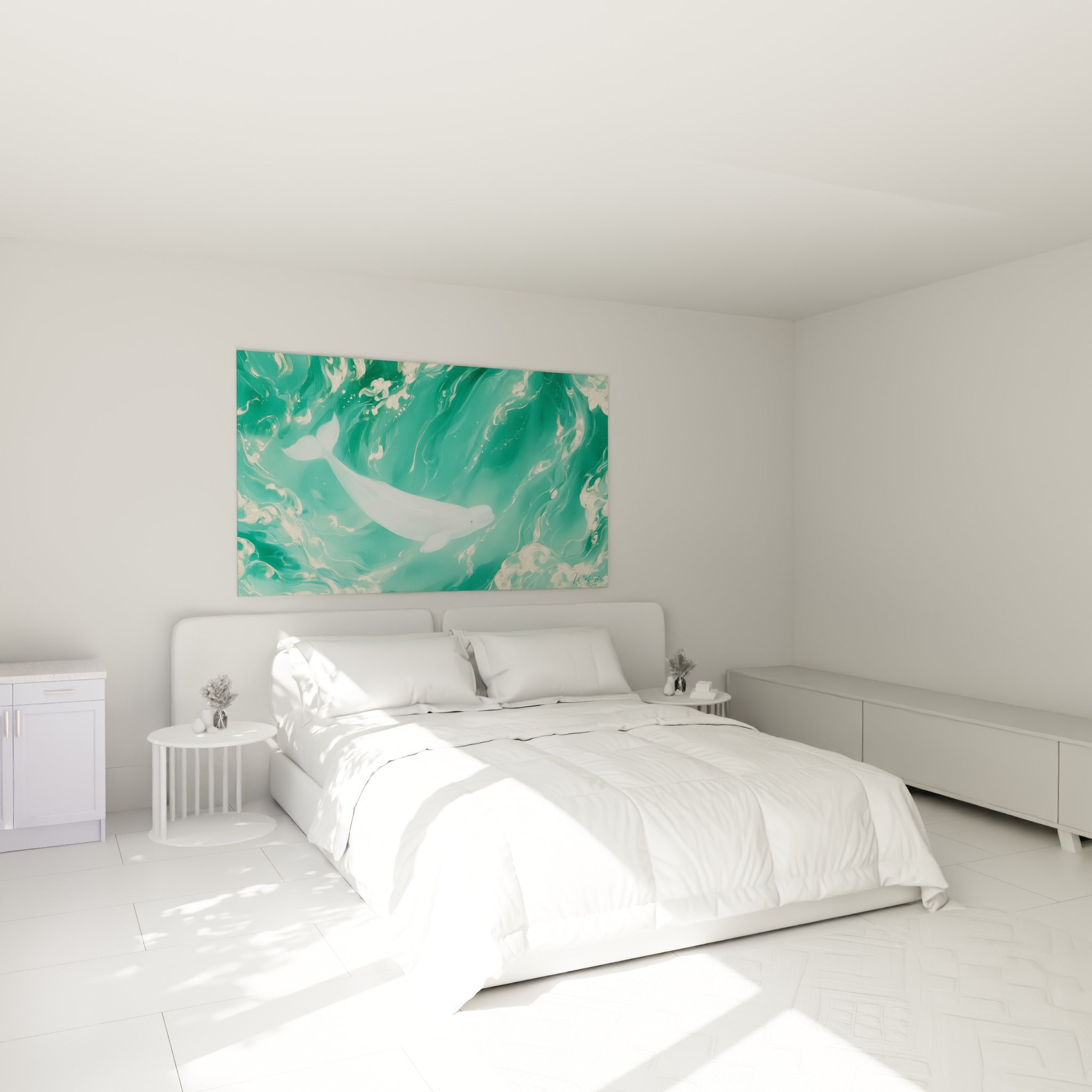 Baleine blanche glissant parmi des courants turquoise, au-dessus d'un lit dans une chambre claire