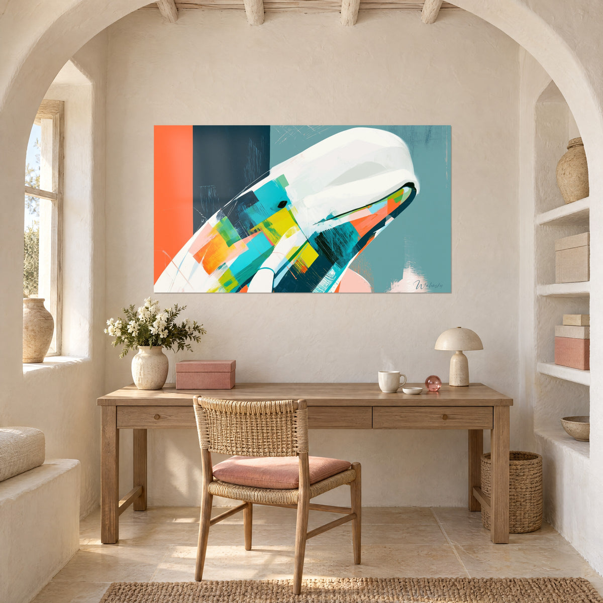 Wall art Abstract beluga, broad orange band and midnight blue field, above a wooden desk beside an arch