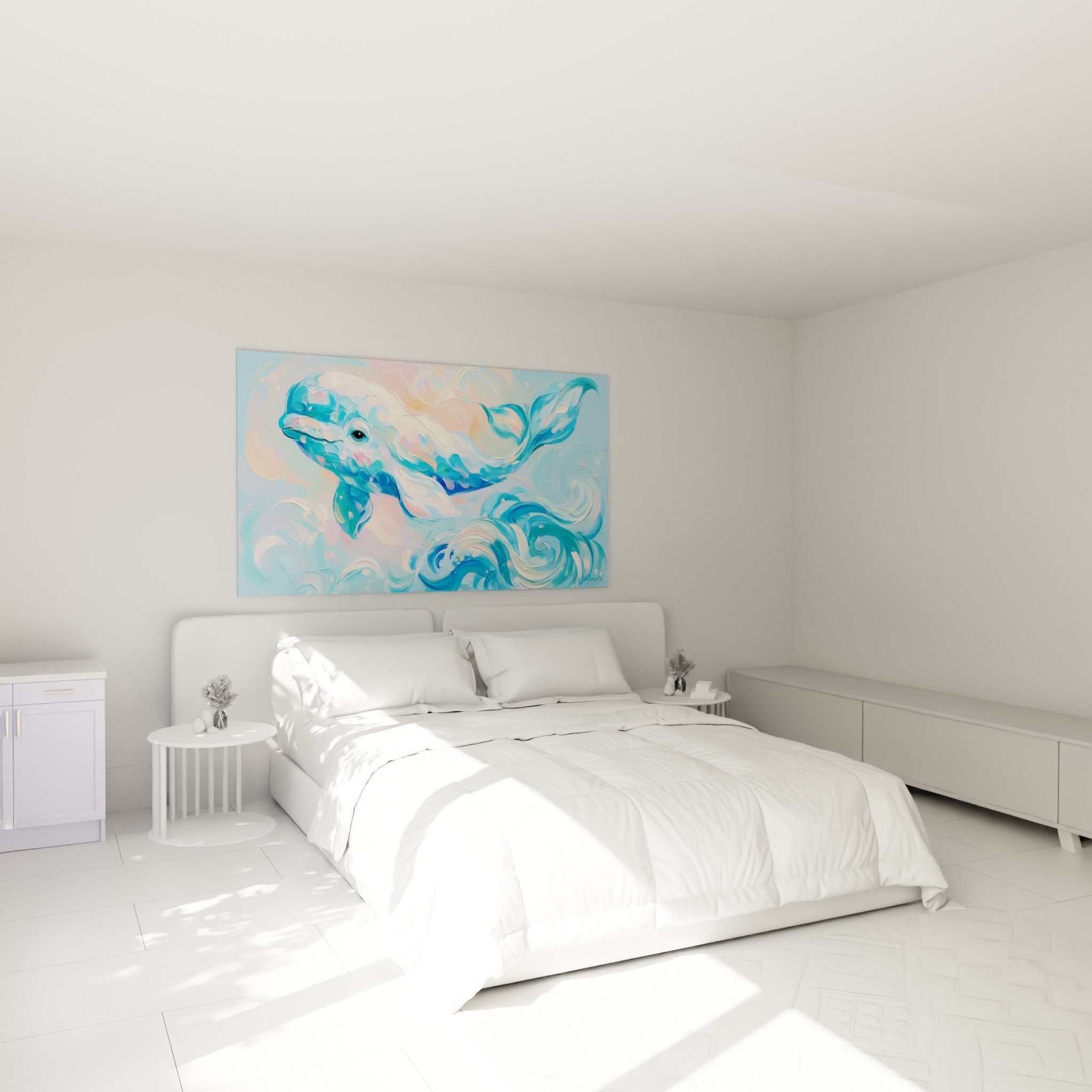 Béluga turquoise et pastel glissant dans l'eau, accroché au-dessus d'un lit dans une chambre claire