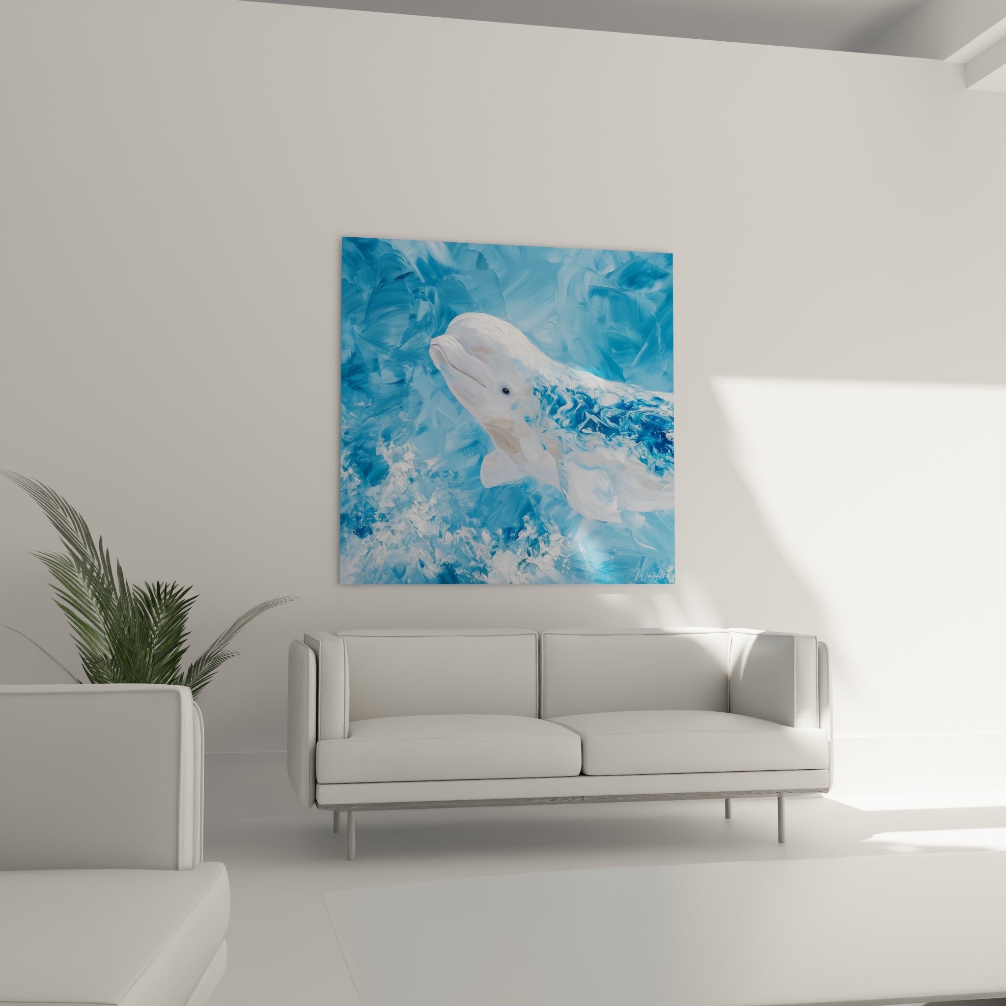 Cétacé immaculé nageant dans une eau bleu turquoise texturée, au-dessus d'un canapé dans un salon lumineux