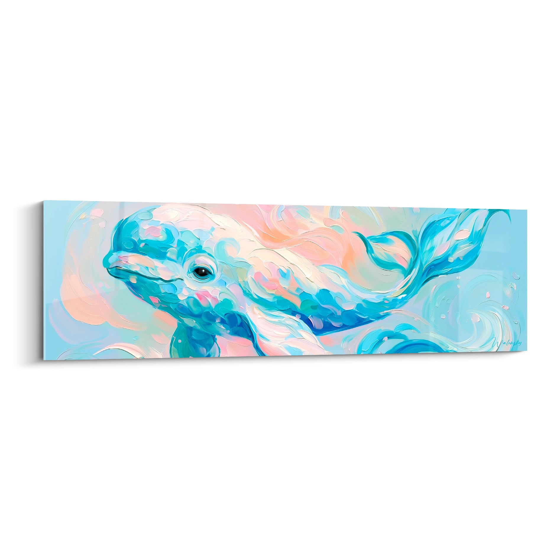 Beluga turquoise et rose pêche nageant dans un tourbillon de vagues pastel peintes en empâtements