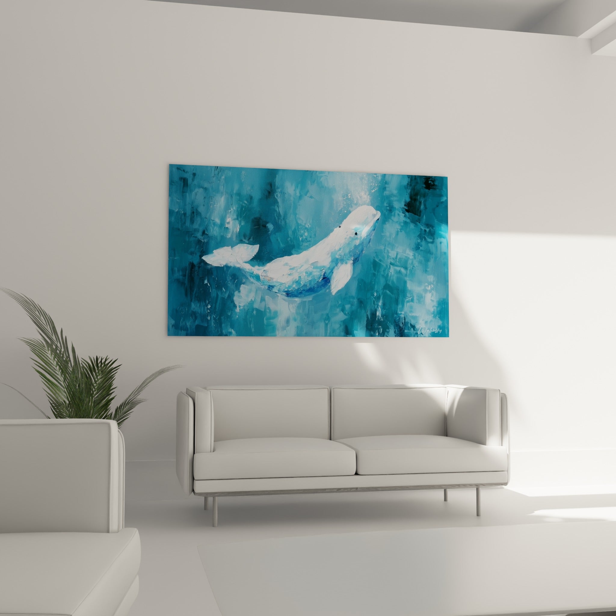 Silhouette de beluga turquoise et blanc nacré aux textures marquées, au-dessus d'un canapé dans un salon lumineux