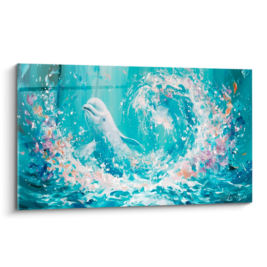 Beluga blanc jaillissant d'un tourbillon turquoise et lilas, éclaboussures d'écume peintes