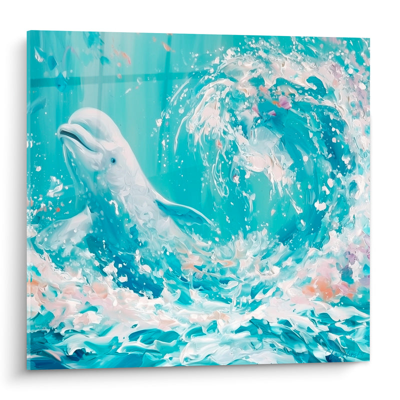 Tableau Beluga turquoise et blanc jaillissant des vagues - Élan marin - Edition Beluga