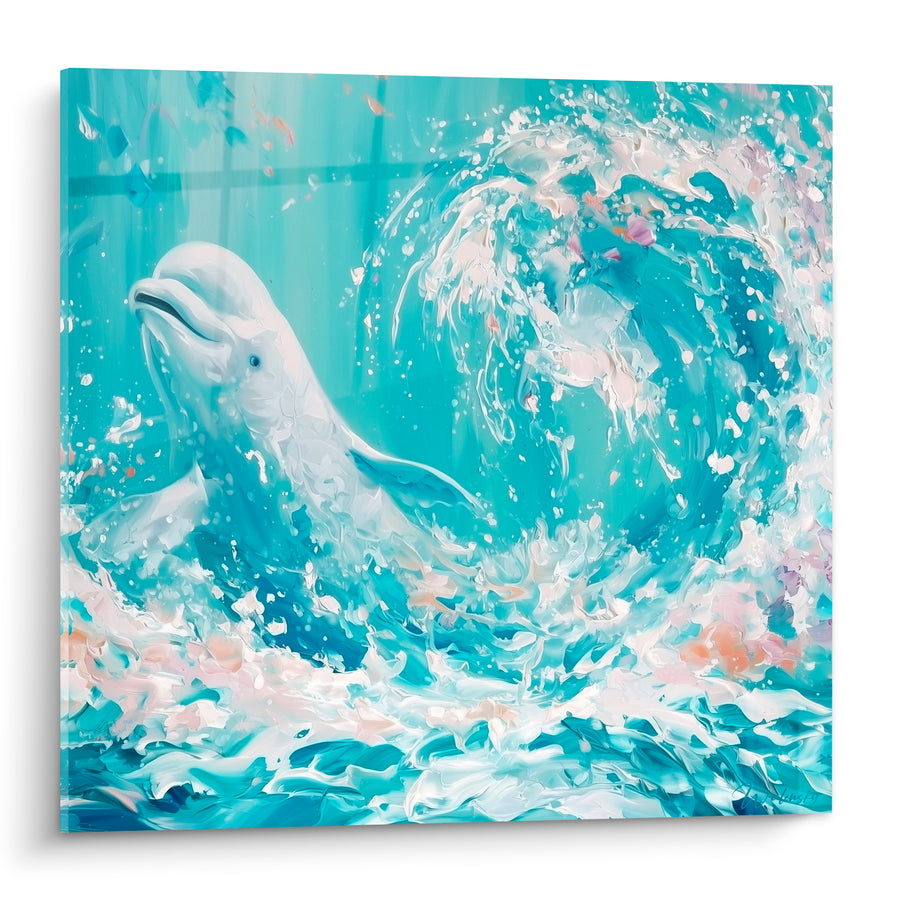 Tableau Beluga turquoise et blanc jaillissant des vagues - Élan marin - Edition Beluga