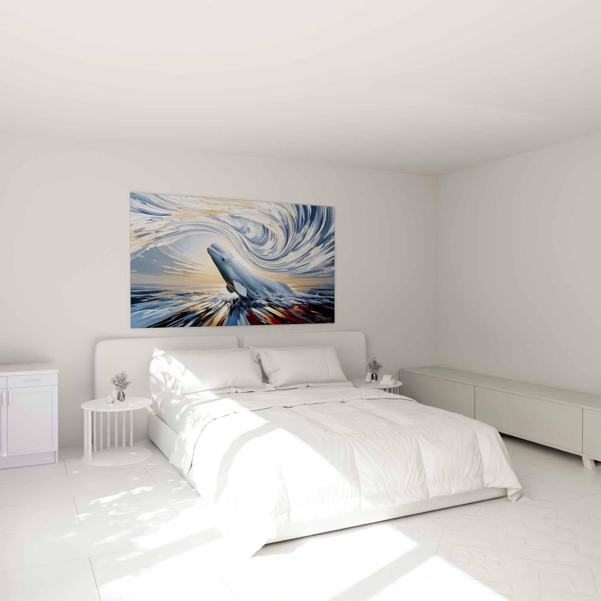 Cétacé blanc filant dans une vague bleu ciel et or, accroché au-dessus d'un lit dans une chambre claire