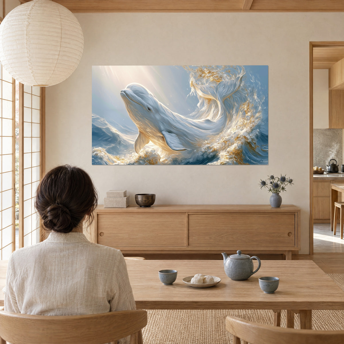 Tableau mammifère marin blanc émergeant d'une vague bleu glacier striée d'or, femme de dos près d'une table de thé en bois clair