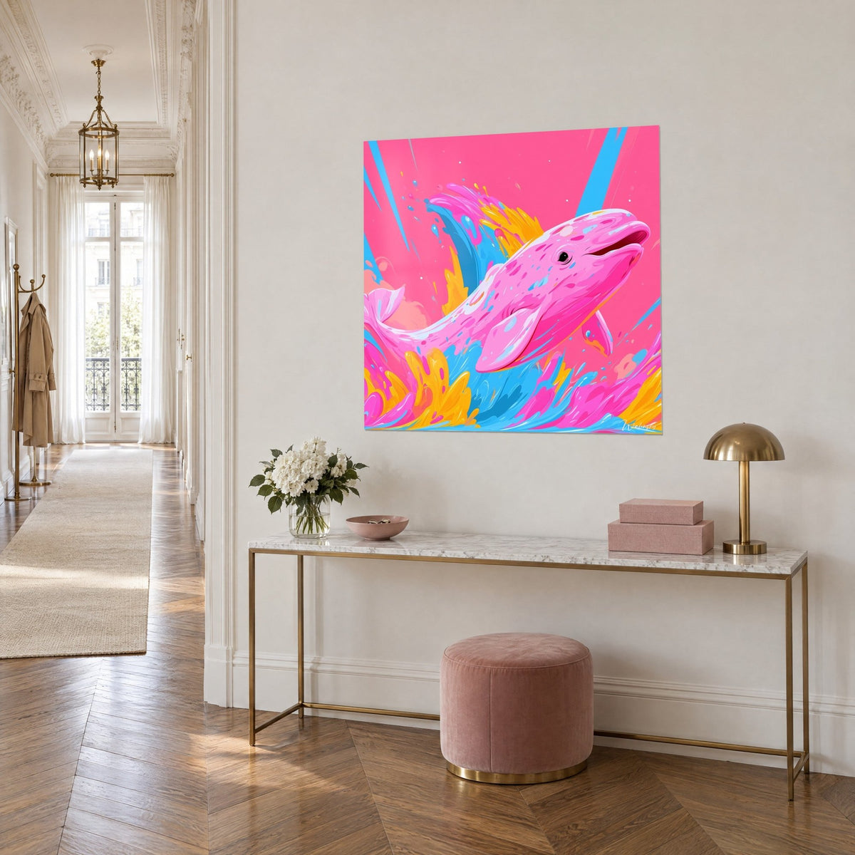 Quadro di una balena bianca rosata che emerge da una schiuma turchese e dorata, sfondo fucsia vivo, su una consolle dorata, vista di tre quarti
