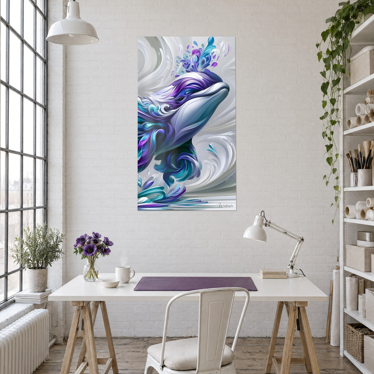 Tableau béluga bondissant entre vagues grises crémeuses, plumes améthyste et turquoise, au mur d'un bureau blanc près d'une étagère