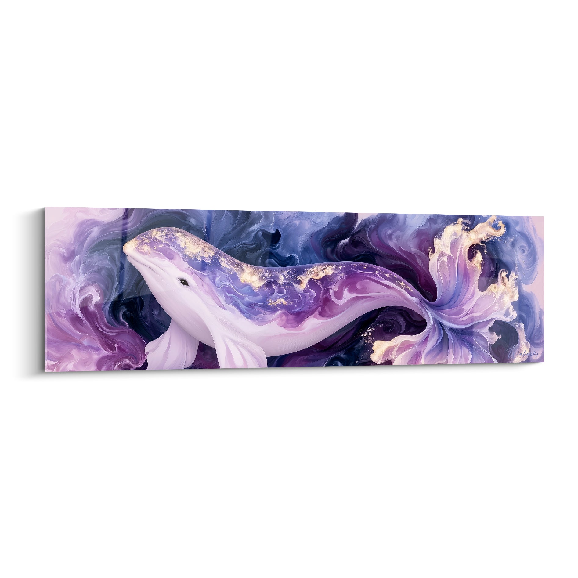 Beluga blanc et violet nageant dans des volutes dorées, composition abstraite fluide et onirique