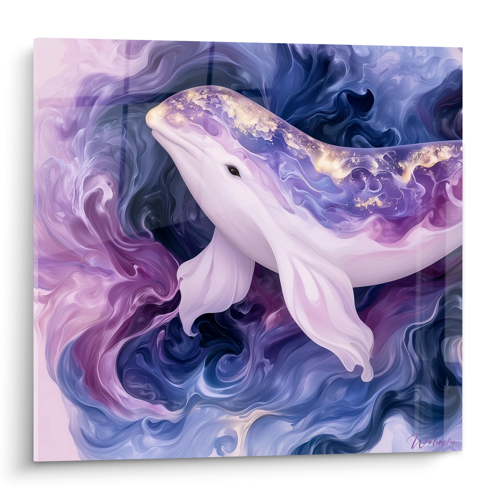 Beluga blanc émergeant d'un tourbillon violet et bleu marine aux reflets dorés scintillants