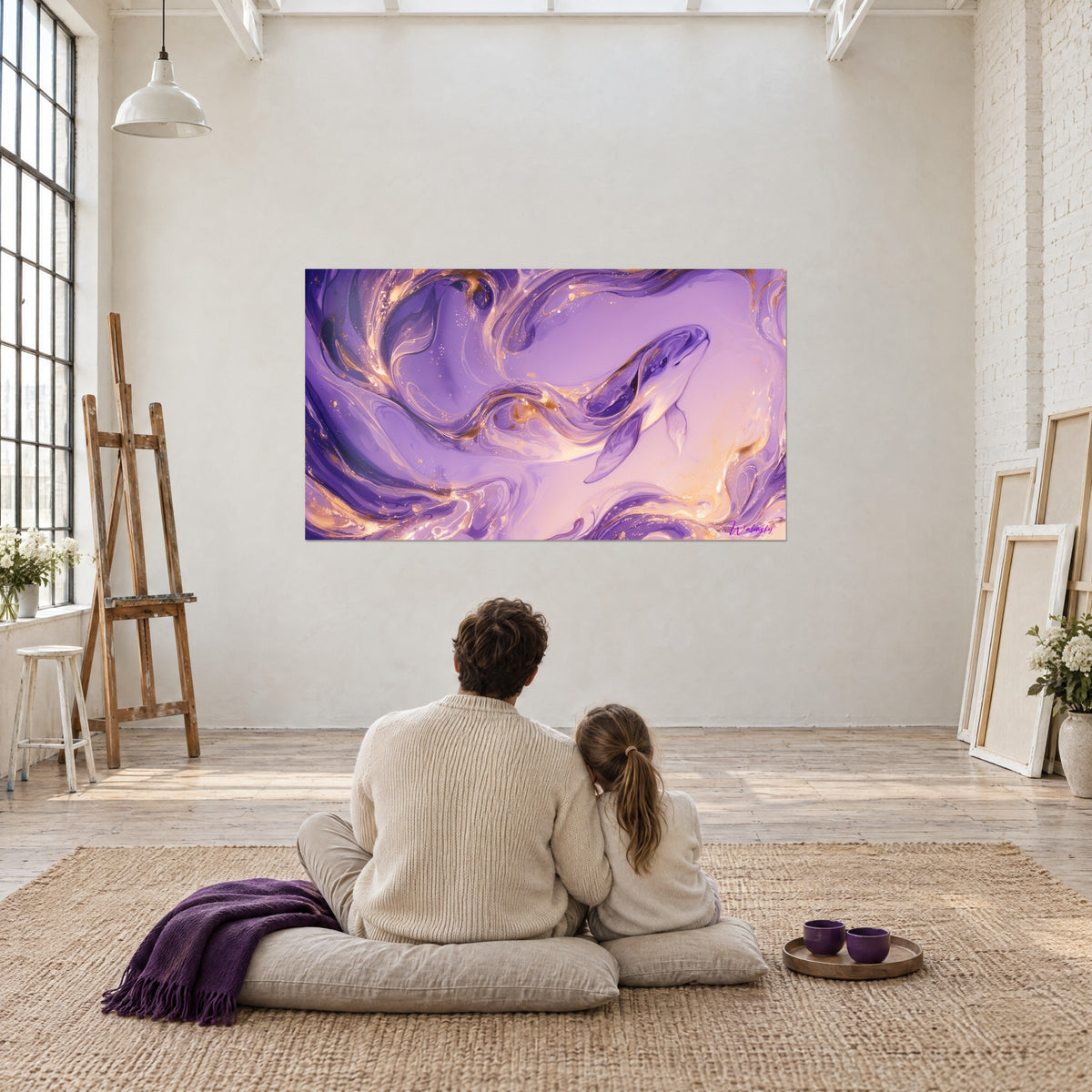 Tableau grand cétacé en marbrures violettes cuivrées, adulte et enfant de dos assis sur des coussins face au mur
