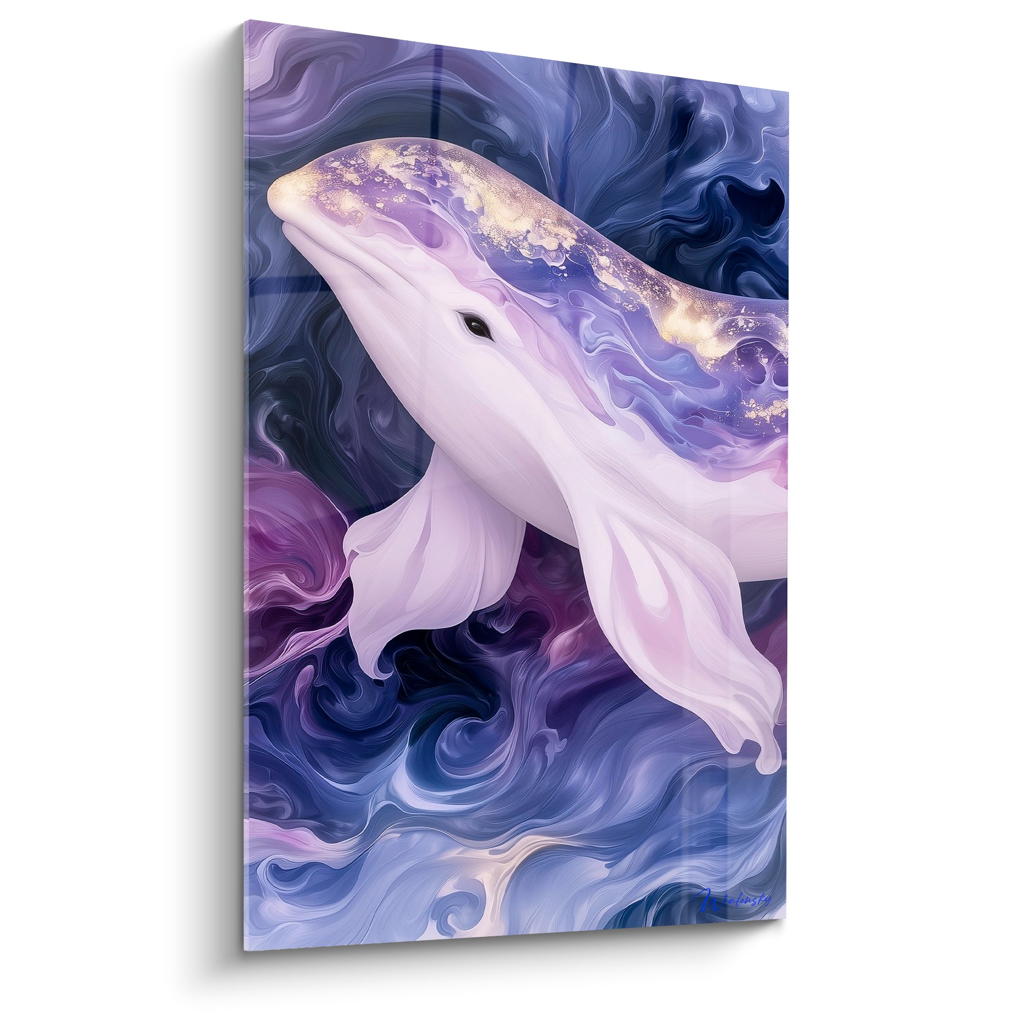 Beluga blanc rosé glissant dans des tourbillons violet marine et dorés, style aquarelle onirique