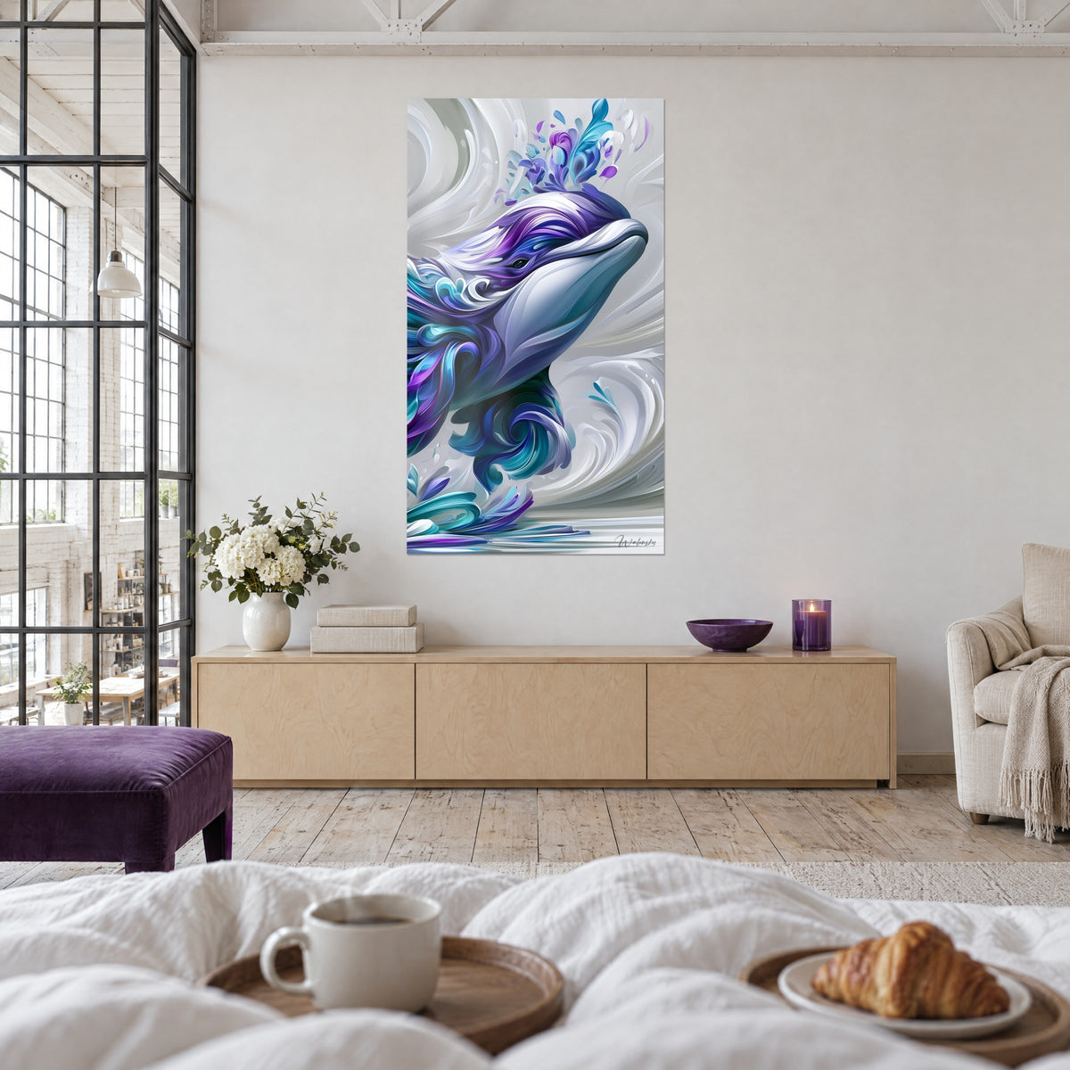 Tableau dauphin blanc nacré aux volutes pourpres et bleu canard, éclaboussures de pétales, au-dessus d'un lit dans une chambre claire
