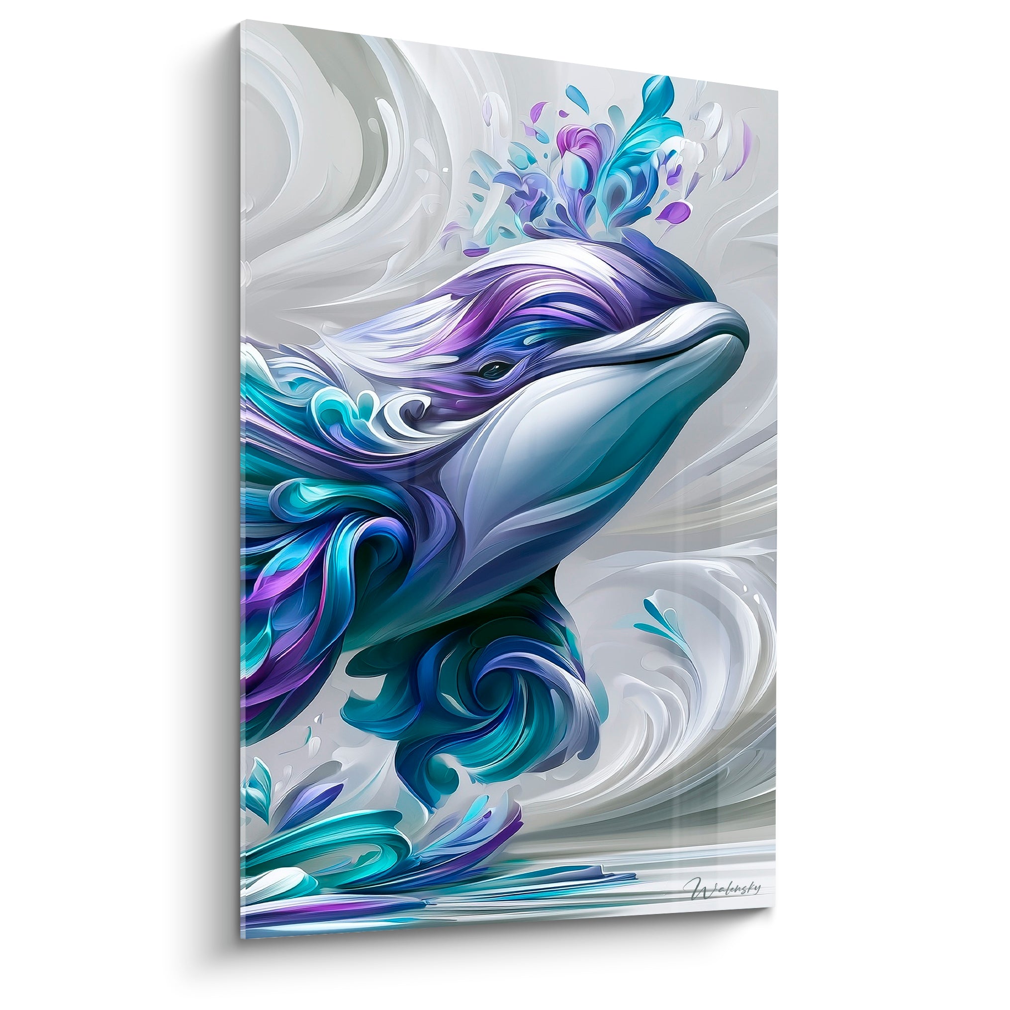 Beluga stylisé aux volutes violettes et turquoise, tête inclinée sur fond gris ondulant