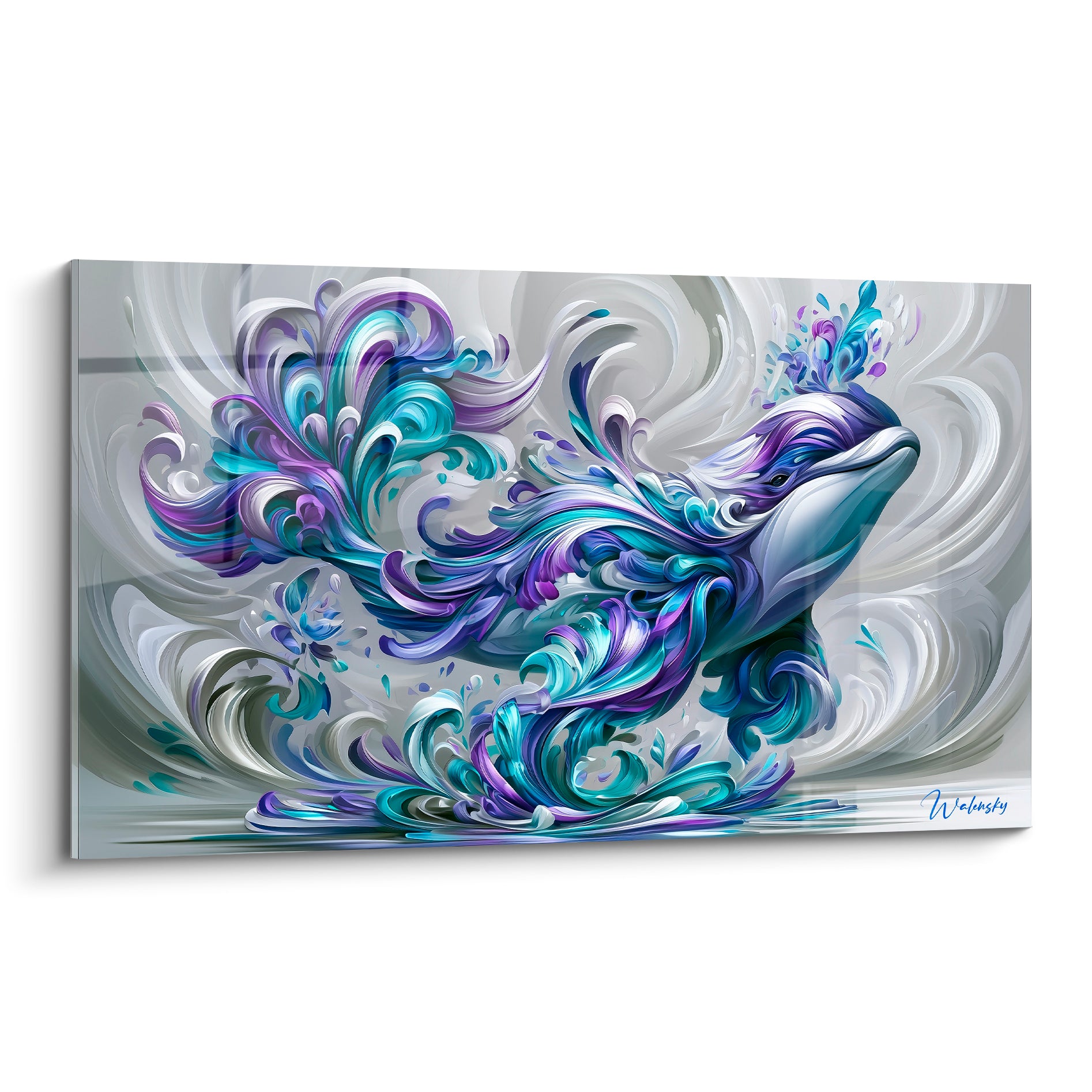 Beluga stylisé en volutes violettes et turquoise sur fond gris fumé aux motifs ondulants