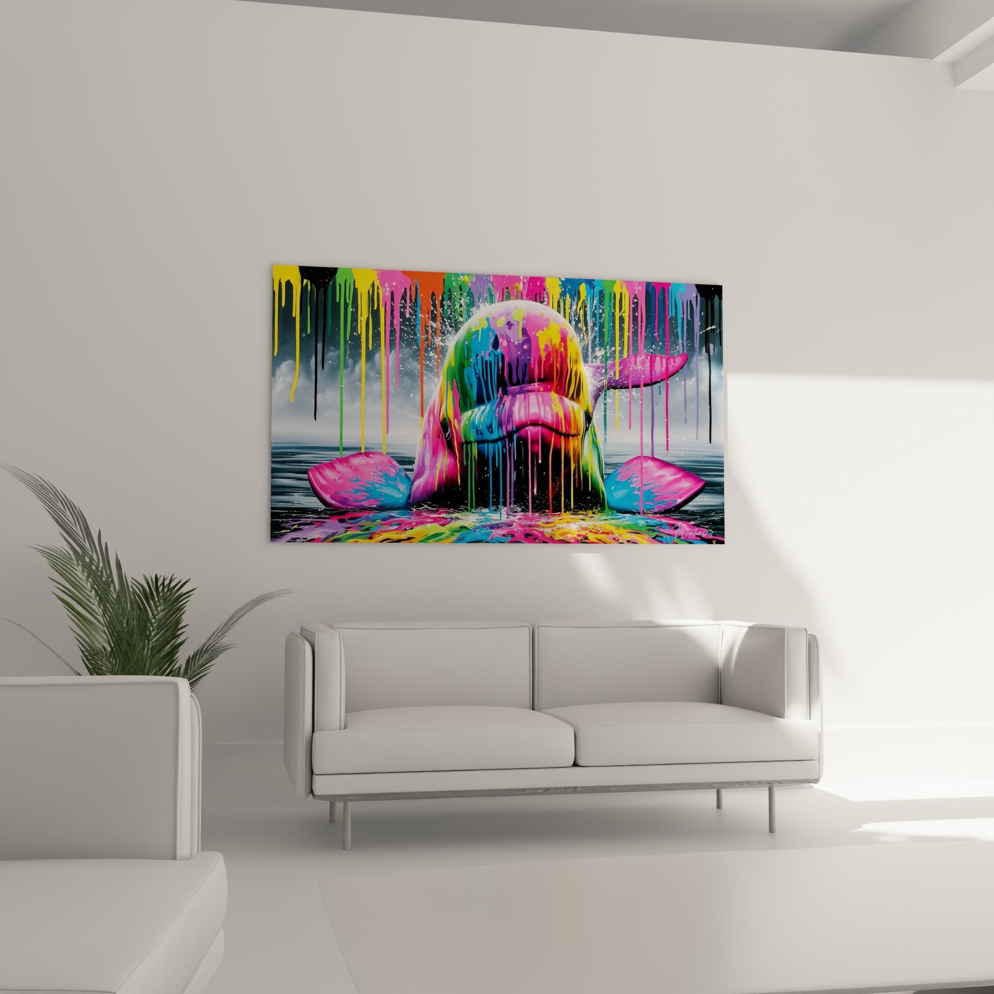Visage du beluga fondu en peinture verte, violette et rose, au-dessus d'un canapé dans un salon lumineux