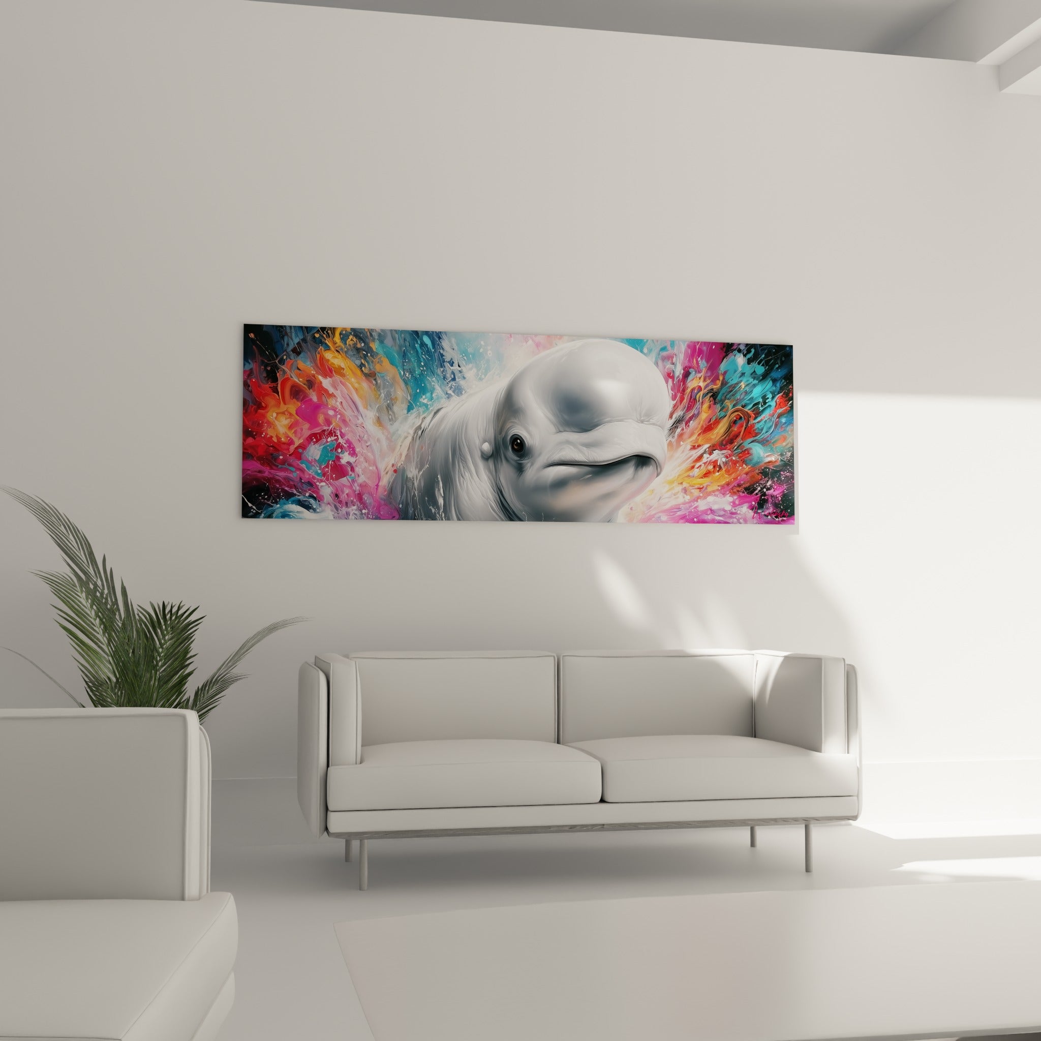 Visage serein du beluga cerné de touches fuchsia et pétrole, installé au-dessus d'un canapé dans un salon lumineux