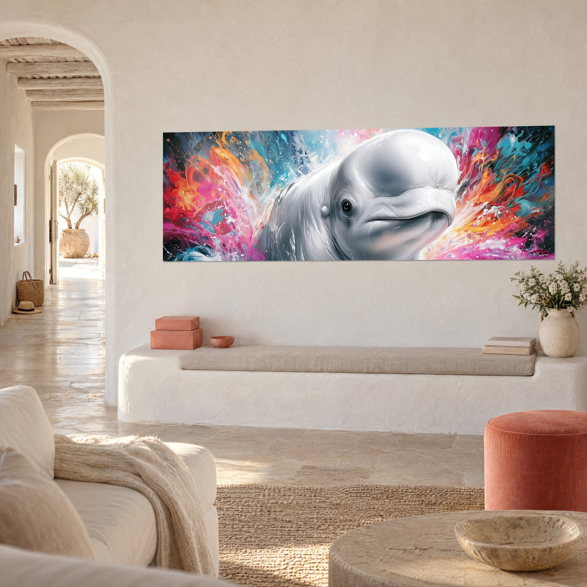 Tableau baleine blanche aux nageoires nacrées, jaillissements orange et magenta, vue de trois-quarts sur mur chaulé