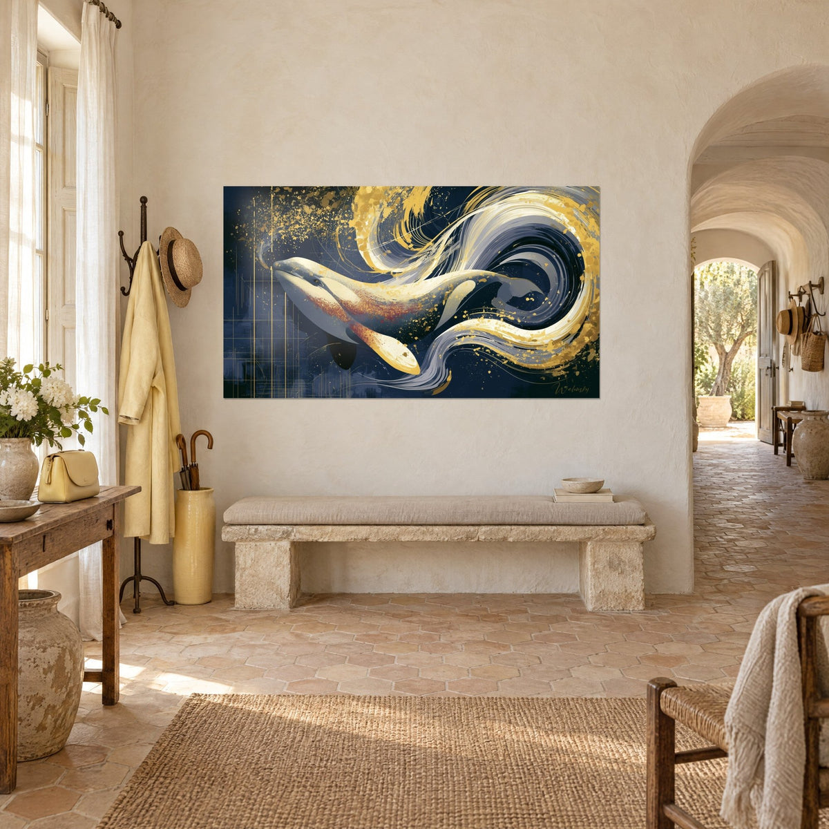 Tableau cétacé blanc nacré entouré de spirales dorées sur fond indigo, mur de plâtre clair et banc de pierre, mas provençal