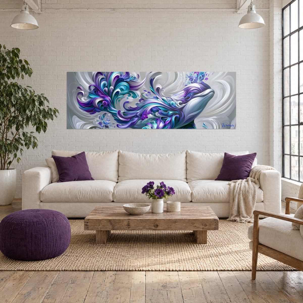 Quadro di una balena beluga scolpita in volute viola e turchesi su fondo grigio perla, sopra un divano in un soggiorno luminoso
