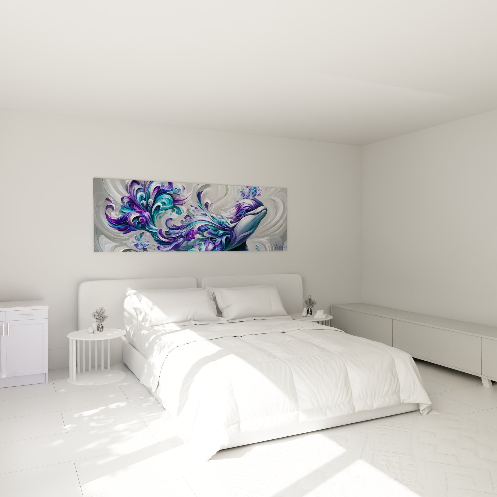 Motifs ornementaux violets et bleu pastel du beluga au-dessus d'un lit dans une chambre claire