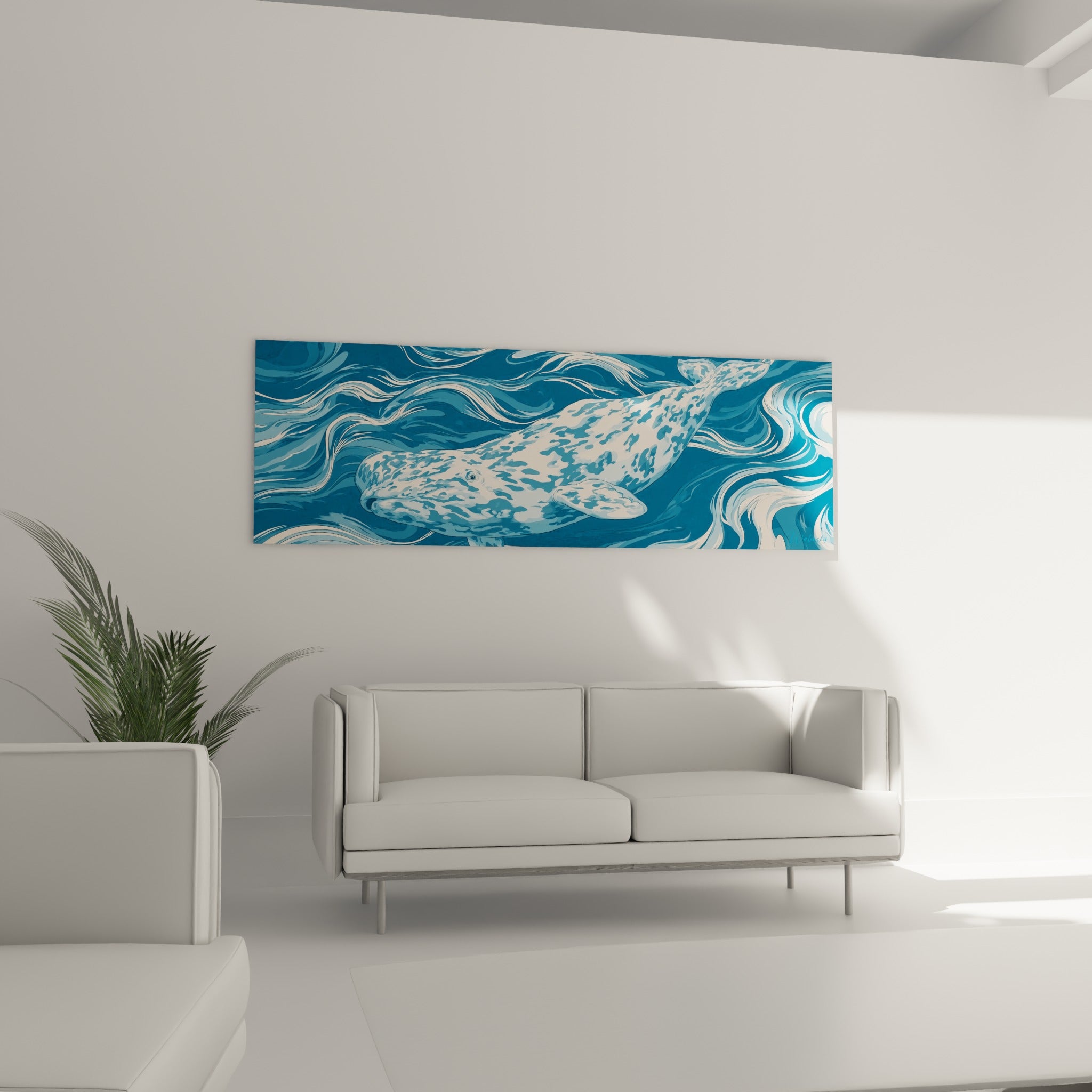 Beluga entouré de volutes bleu pétrole et ivoire en mouvement, au-dessus d'un canapé dans un salon lumineux