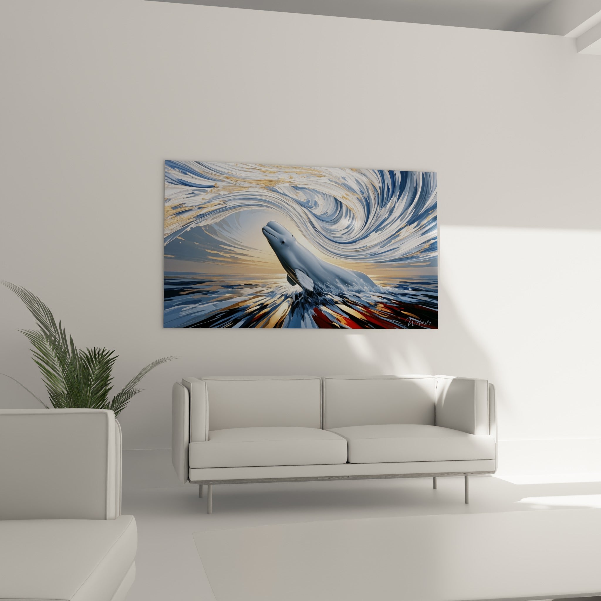 Baleineau émergeant d'un vortex anthracite et bleu marine, suspendu au-dessus d'un canapé dans un salon lumineux