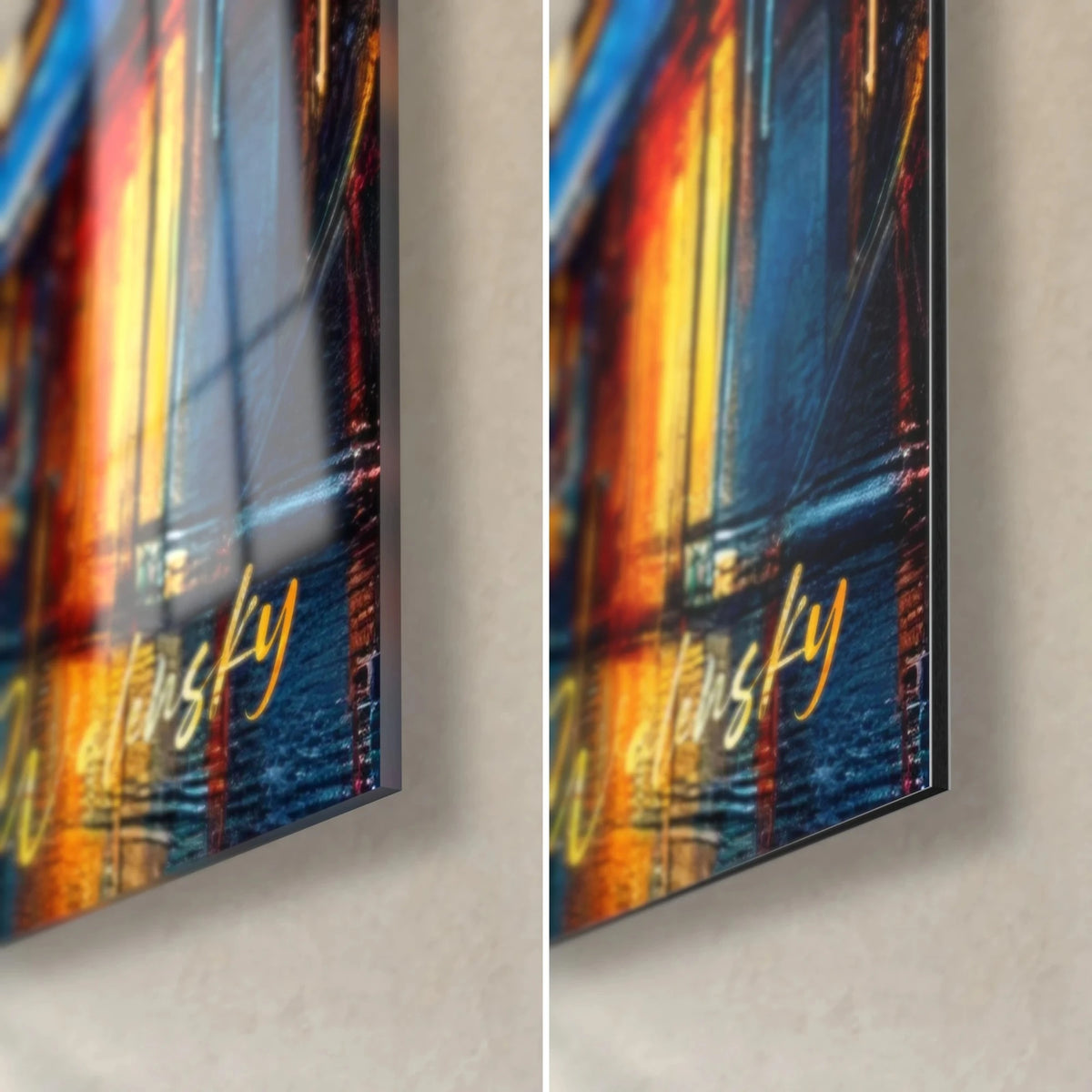 Tableau Bercy aux reflets orange et bleu nuit, coin bas droit en verre acrylique brillant et alu Dibond mat, tranche de 3 mm